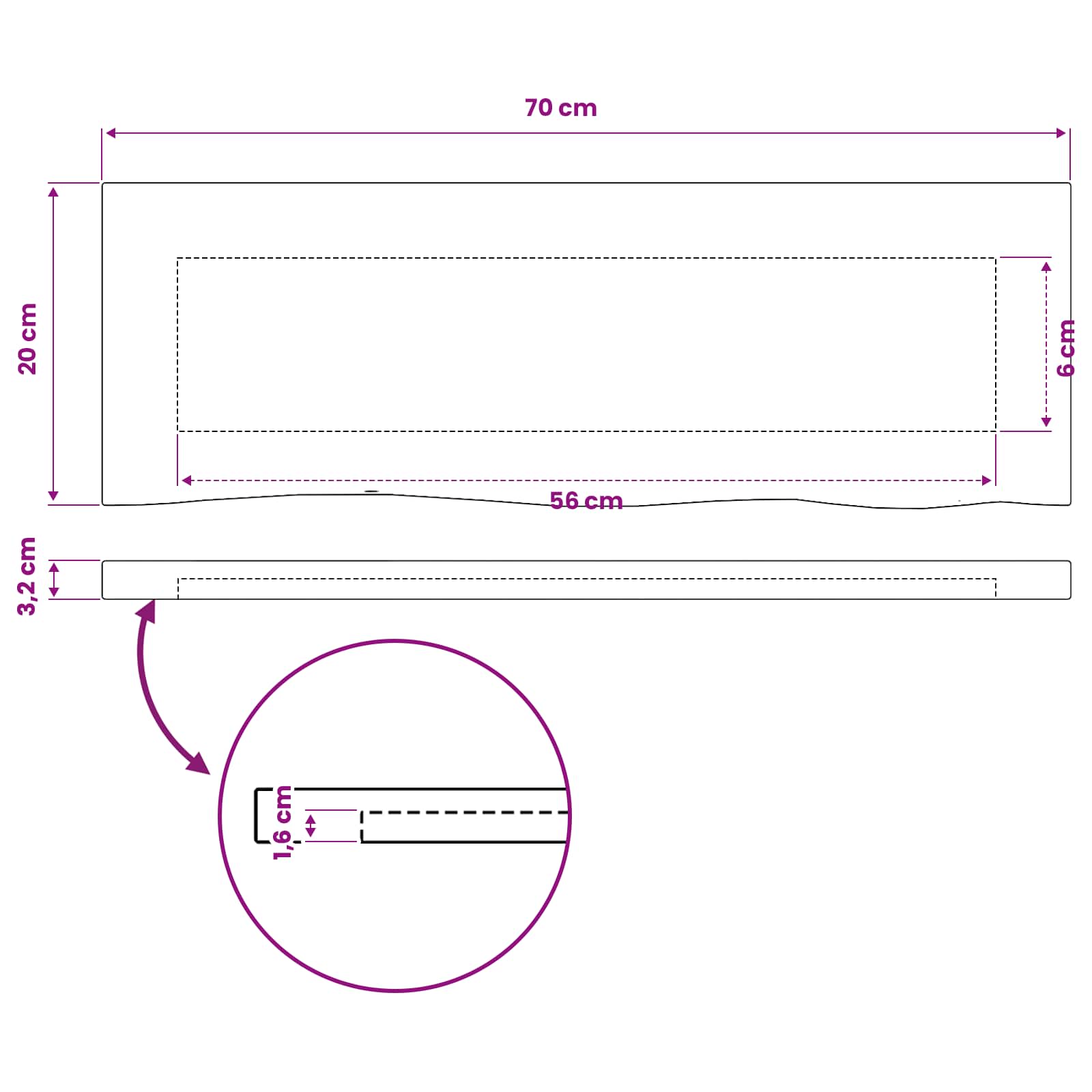 Pravokotna miza 70 x 20 x 3,2 cm Pravokotna Masiven les akacije