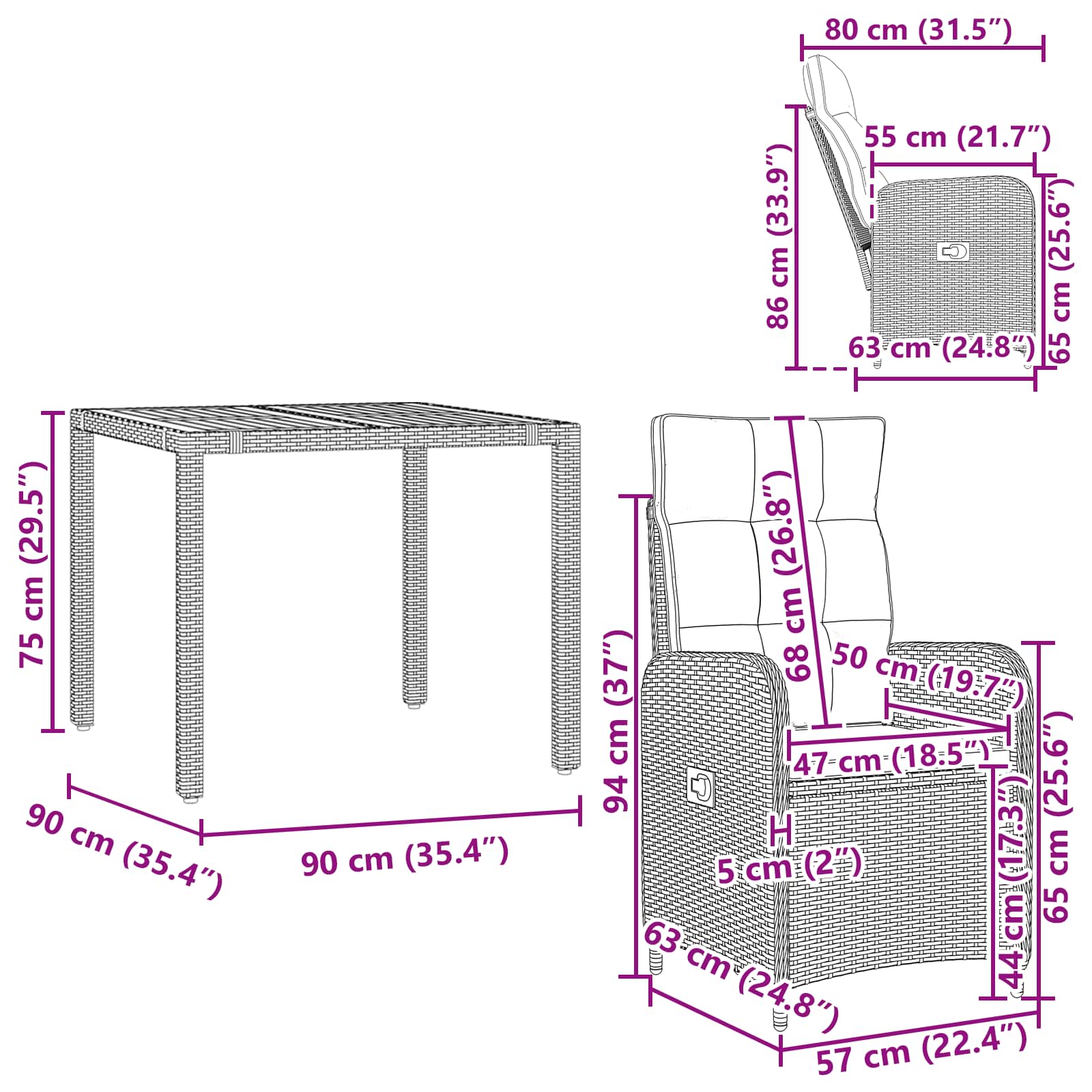 Buiten eettafelset 3 st PE Rattan en Poeder-Coated Staal - Afbeelding 10