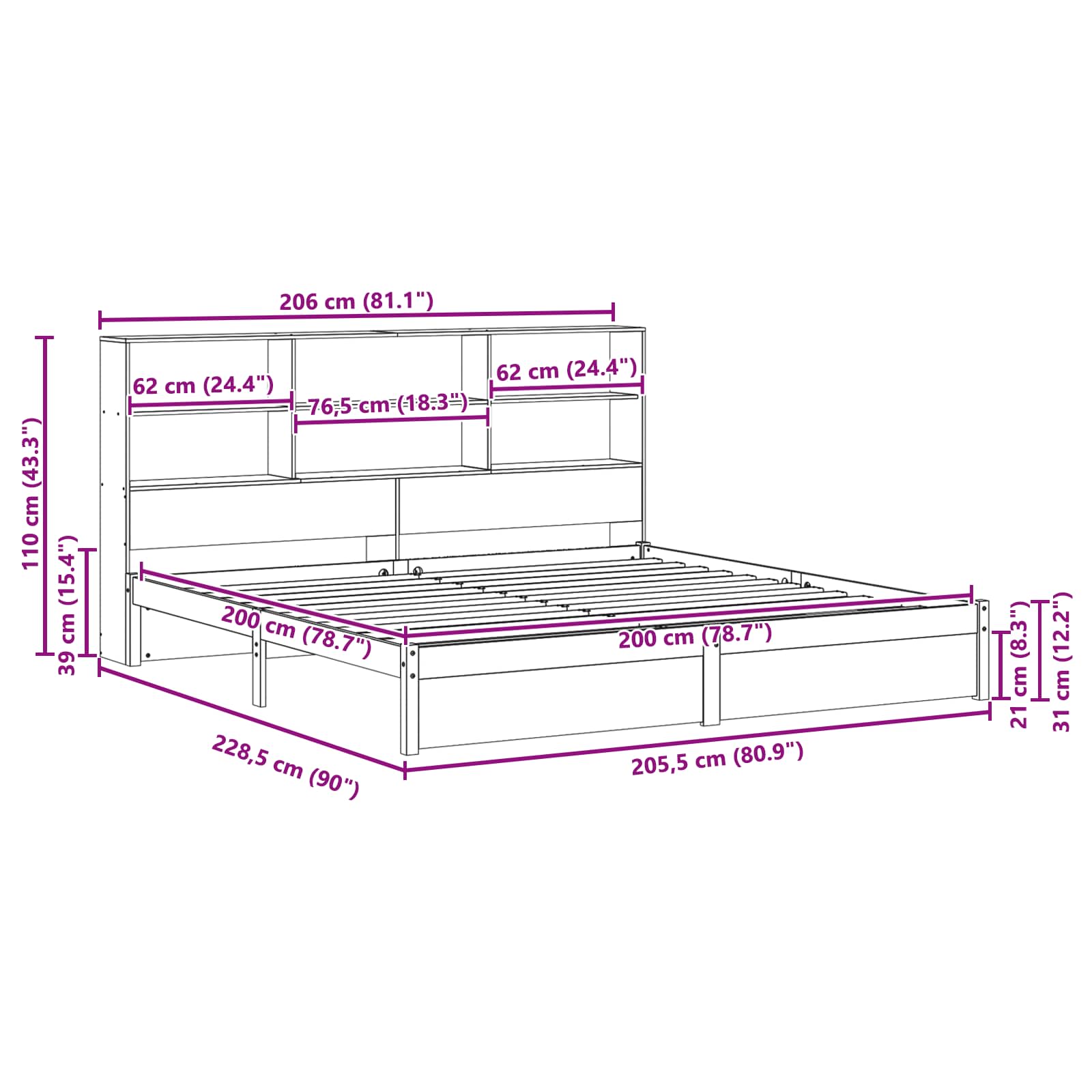 Boekenkast Bedframe Wasbruin 200 x 200 cm Massief Vurenhout image 11