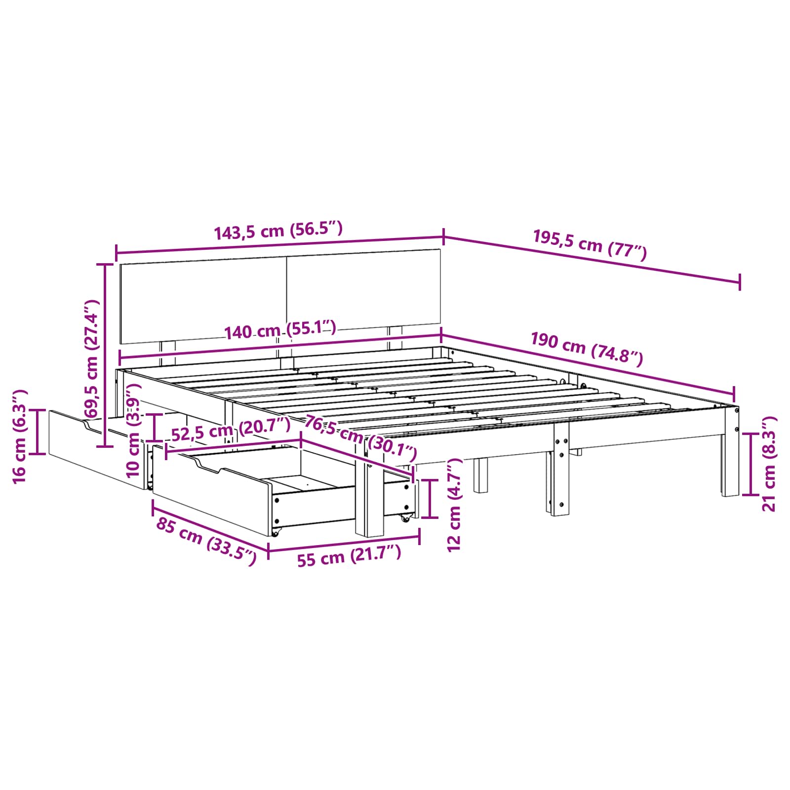 Bedframe met hoofdeinde 3 pcs Wasbruin Massief Vurenhout image 7