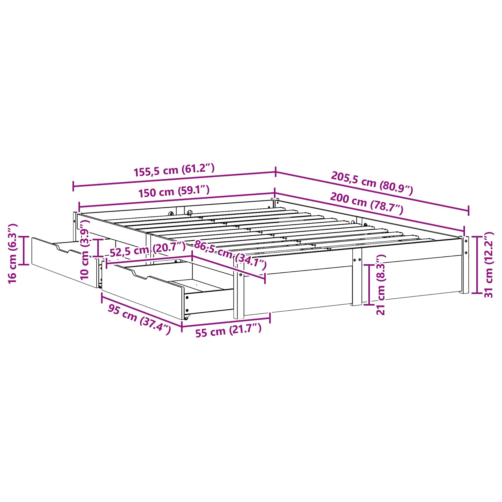 Bedframe met lade Wasbruin 160 x 200 cm Massief Vurenhout image 10