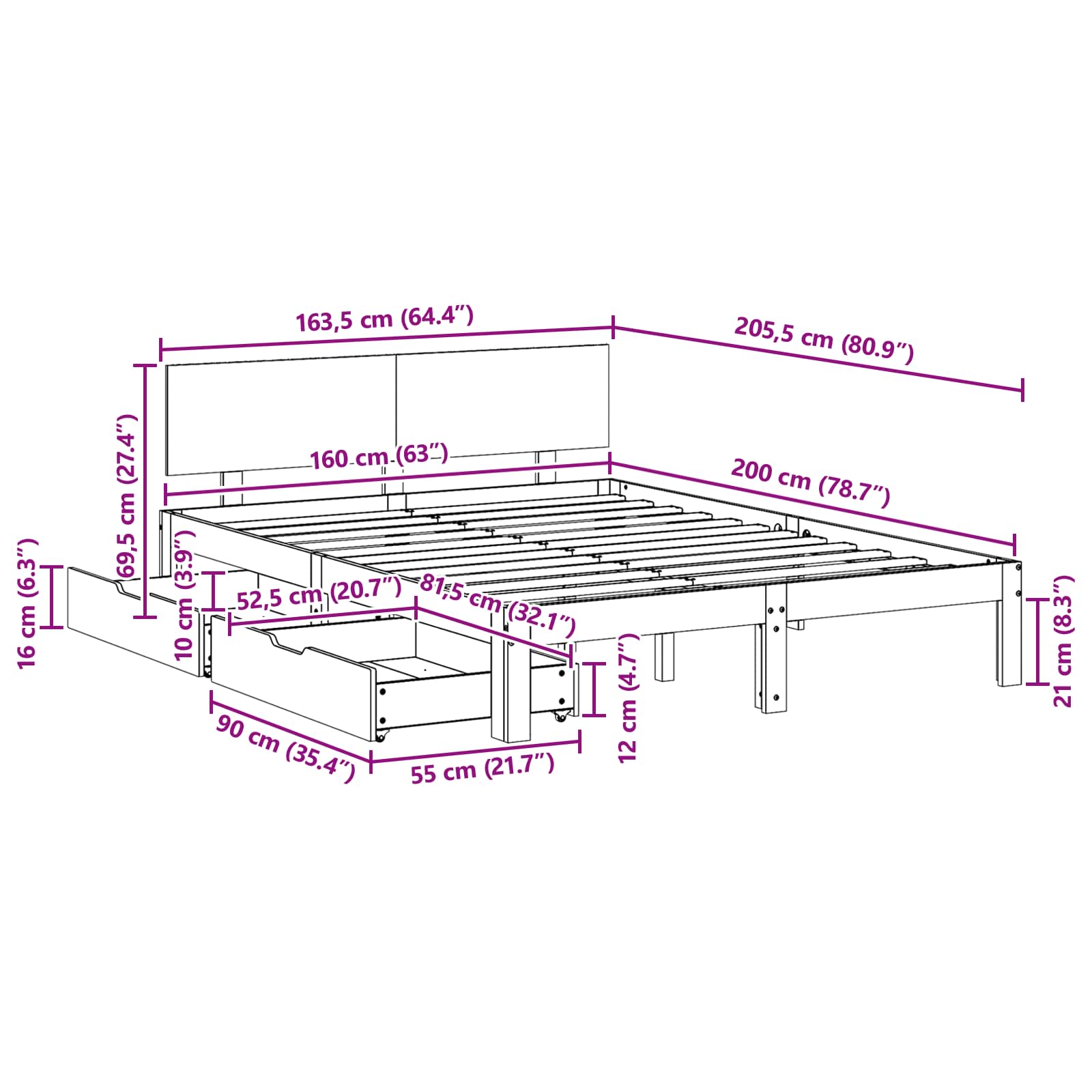 Bedframe met hoofdeinde 3 pcs Wasbruin Massief Vurenhout image 7