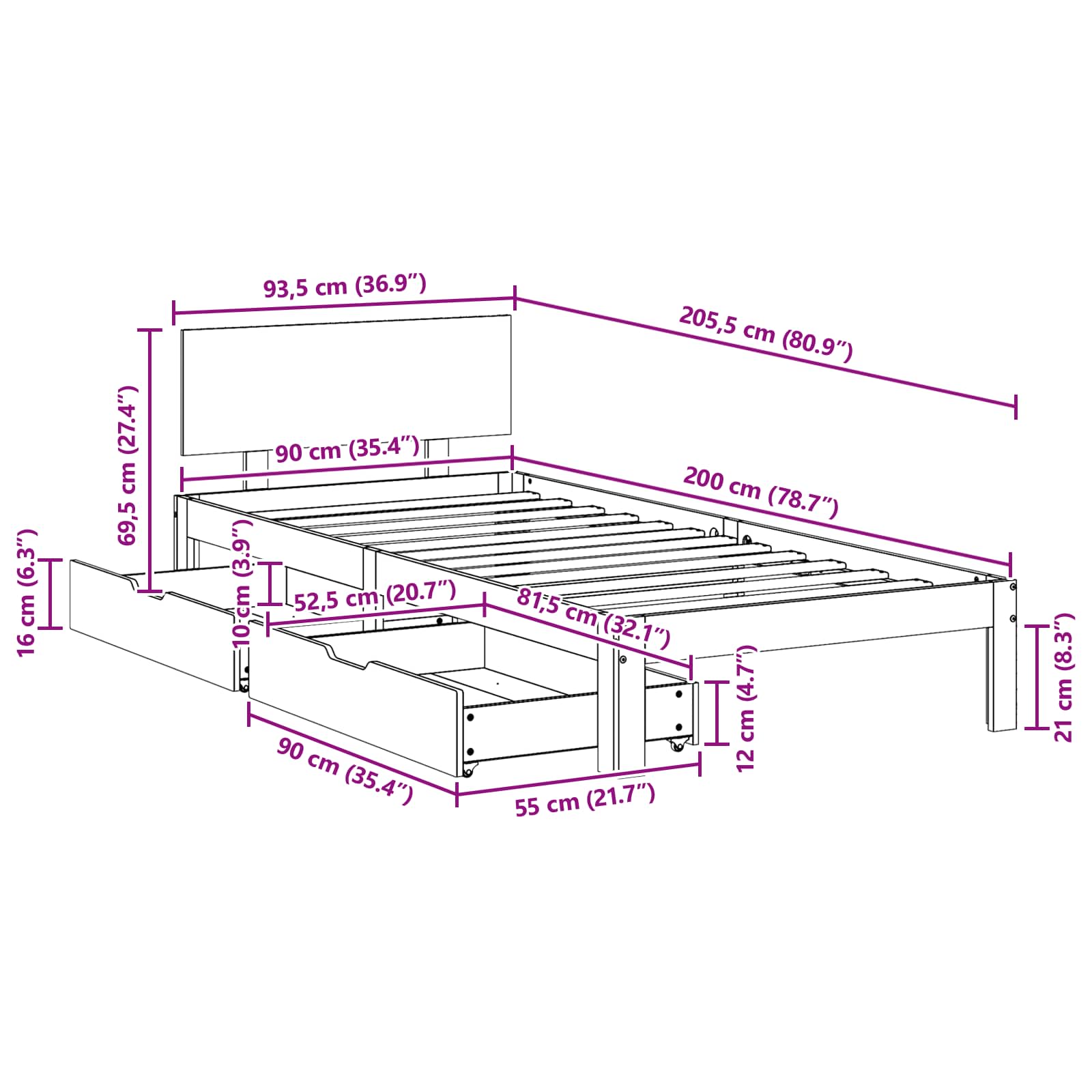 Bedframe met hoofdeinde 3 pcs Wasbruin Massief Vurenhout image 8