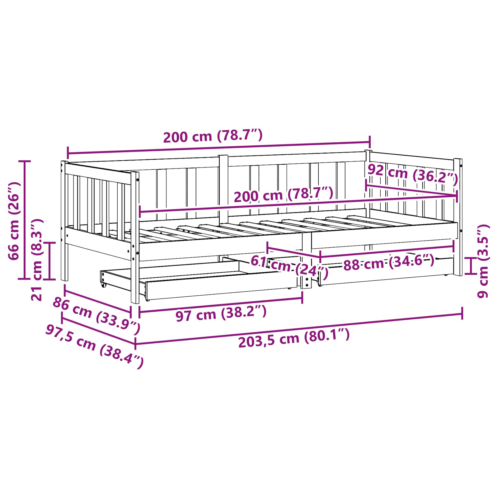 Dagtbed met hoofdeinde 3 pcs Wasbruin Massief Vurenhout image 8
