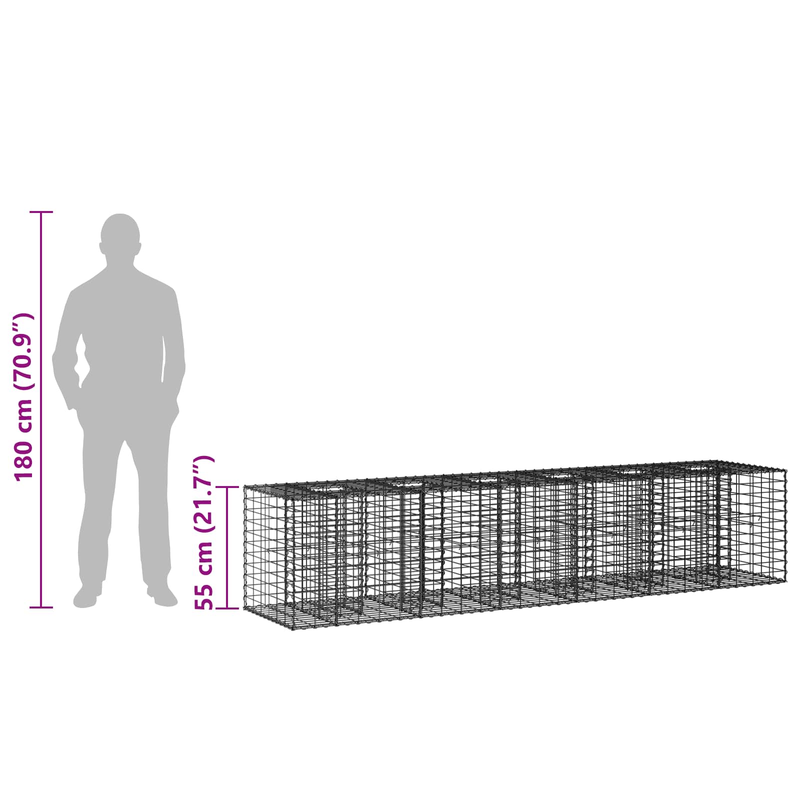 Gabion emelt ágy 2 pcs Ezüst 260 x 60 x 55 cm Horganyzott acél
