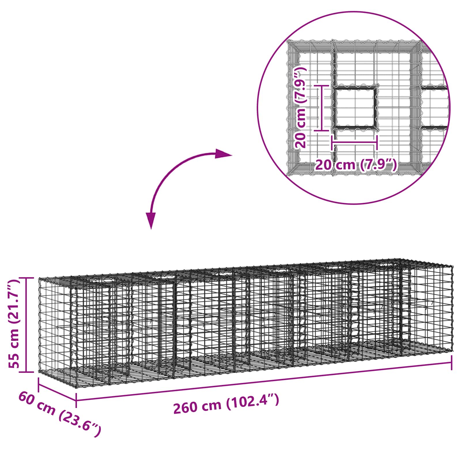 Gabion emelt ágy 2 pcs Ezüst 260 x 60 x 55 cm Horganyzott acél