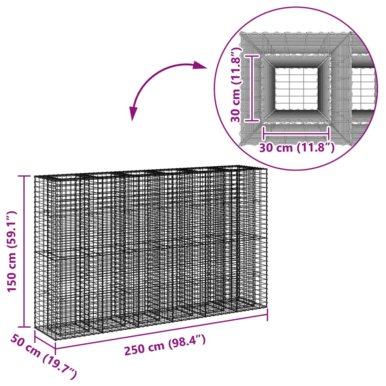 Gabion emelt ágy 3 pcs Ezüst 250 x 50 x 150 cm Horganyzott acél