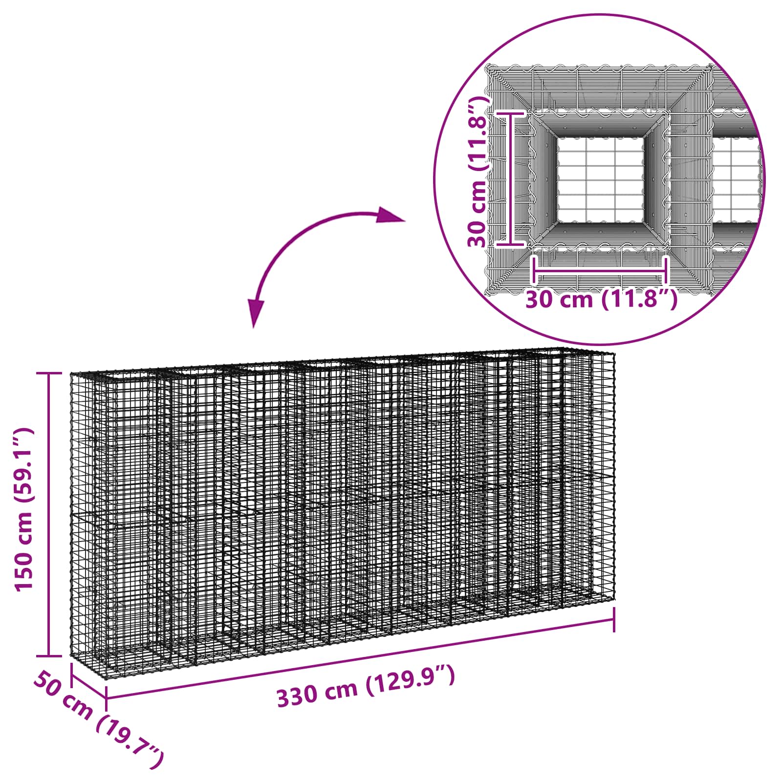 Gabion Verhoogd Bed 4 pcs Zilver 330 x 50 x 150 cm - Afbeelding 10