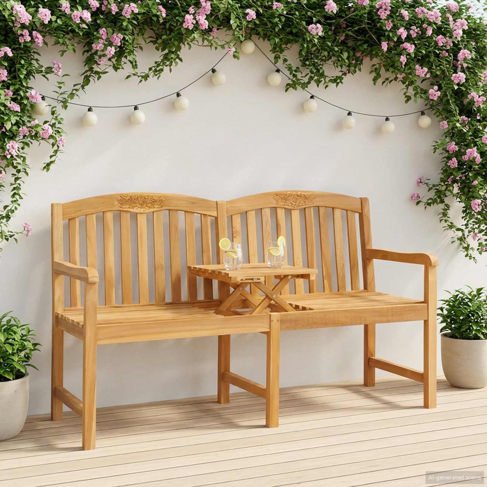 vidaXL Bancă din lemn sculptată manual cu flori natural