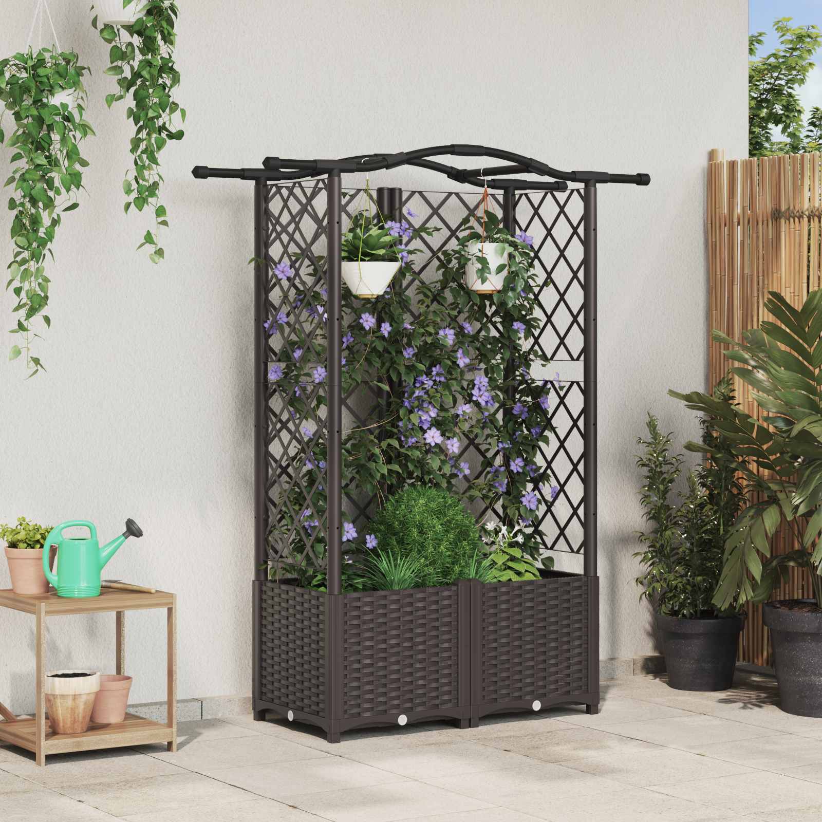 vidaXL Pat Ridicat cu Trellis și Acoperiș Maro 122 x 40 x 141 cm PP