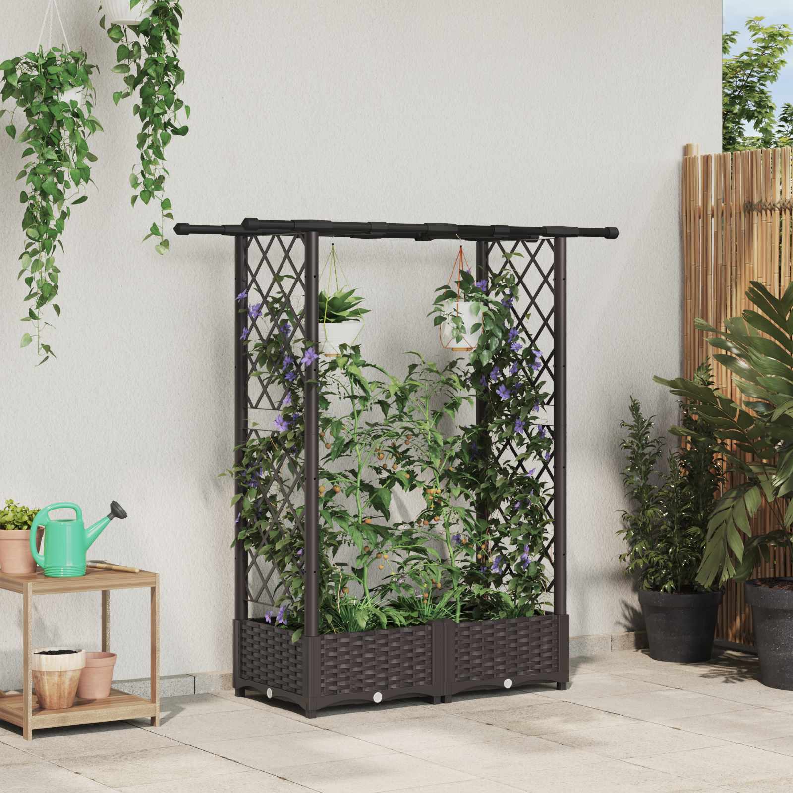 Verhoogd Bed met Trellis en Dak Bruin 122,5 x 40 x 123 cm PP image 1
