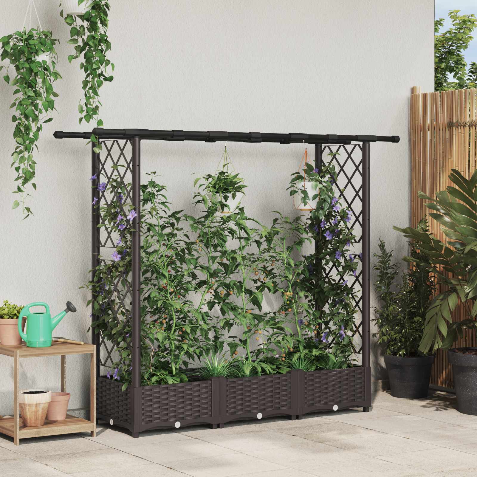 vidaXL Pat Ridicat cu Trellis și Acoperiș Maro 164 x 40 x 123 cm PP