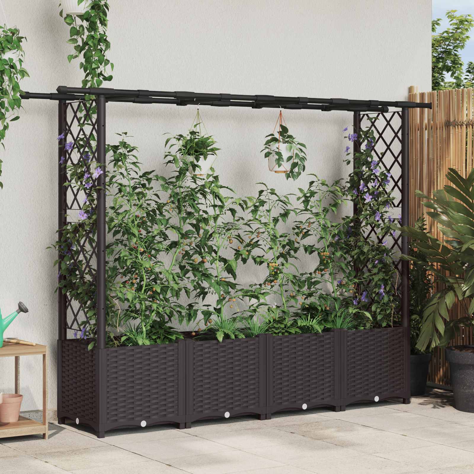 vidaXL Pat Ridicat cu Trellis și Acoperiș Maro 203 x 40 x 136 cm PP