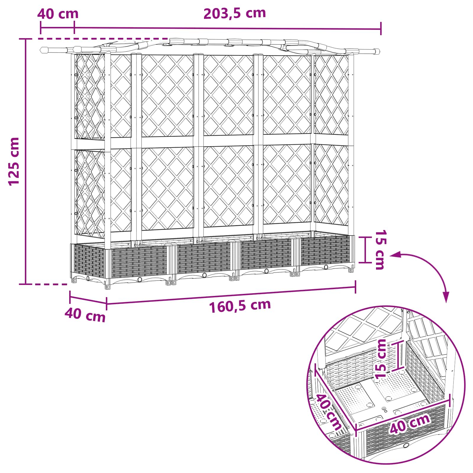 Verhoogd Bed met Trellis en Dak Zwart 203,5 x 40 x 125 cm PP image 8