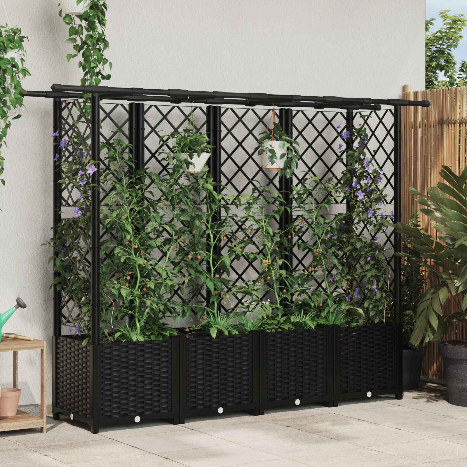Verhoogd Bed met Trellis en Dak Zwart 203 x 40 x 138 cm PP image 1