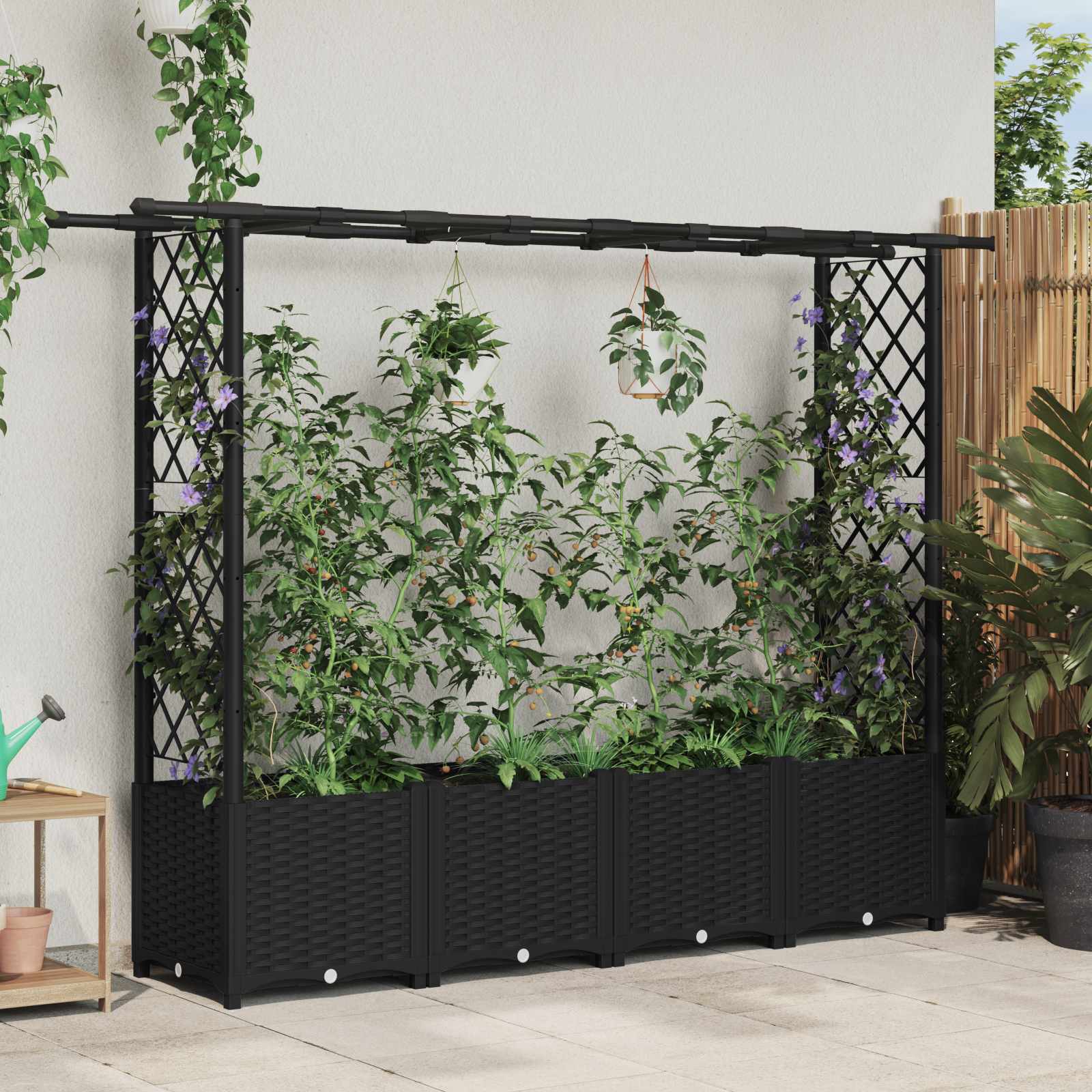 vidaXL Pat Ridicat cu Trellis și Acoperiș Negru 203 x 40 x 136 cm PP