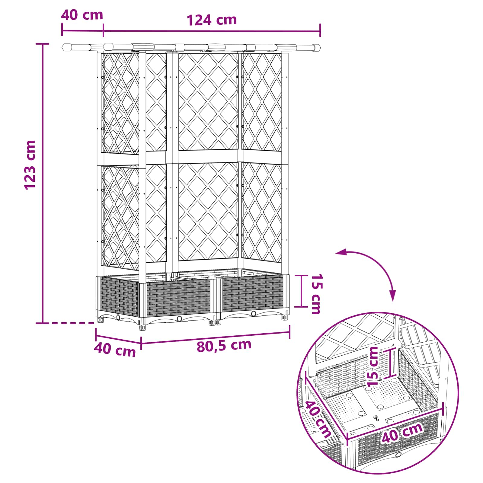 Verhoogd Bed met Trellis en Dak Zwart 124 x 40 x 123 cm PP image 8