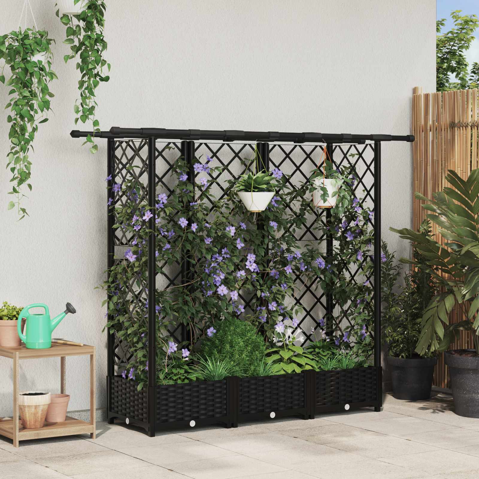 vidaXL Dvignjeno ležišče s trellisom in streho Črna 164 x 40 x 123 cm