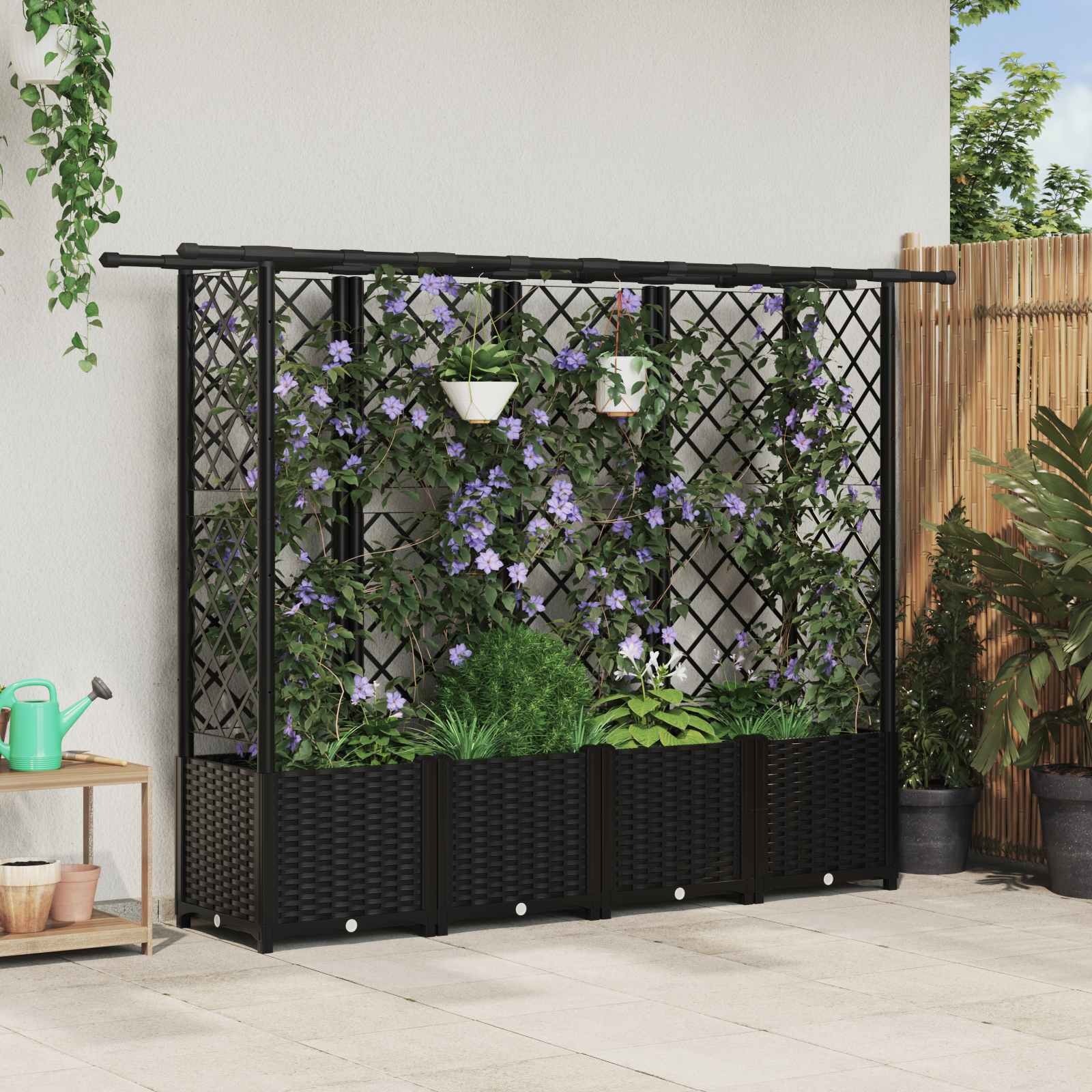 vidaXL Dvignjeno ležišče s trellisom in streho Črna 202 x 40 x 138 cm