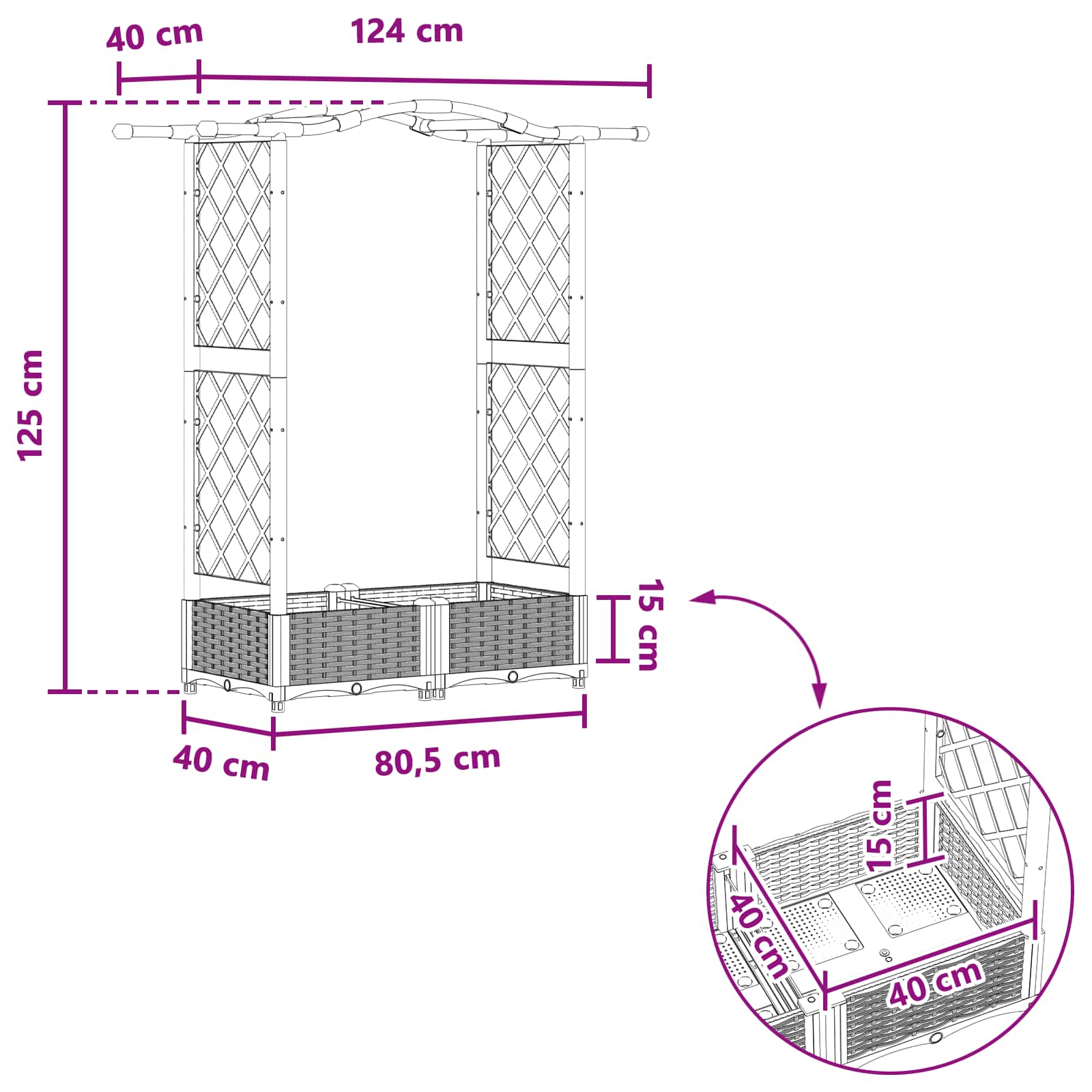 Verhoogd Bed met Trellis en Dak Grijs 124 x 40 x 125 cm PP image 8