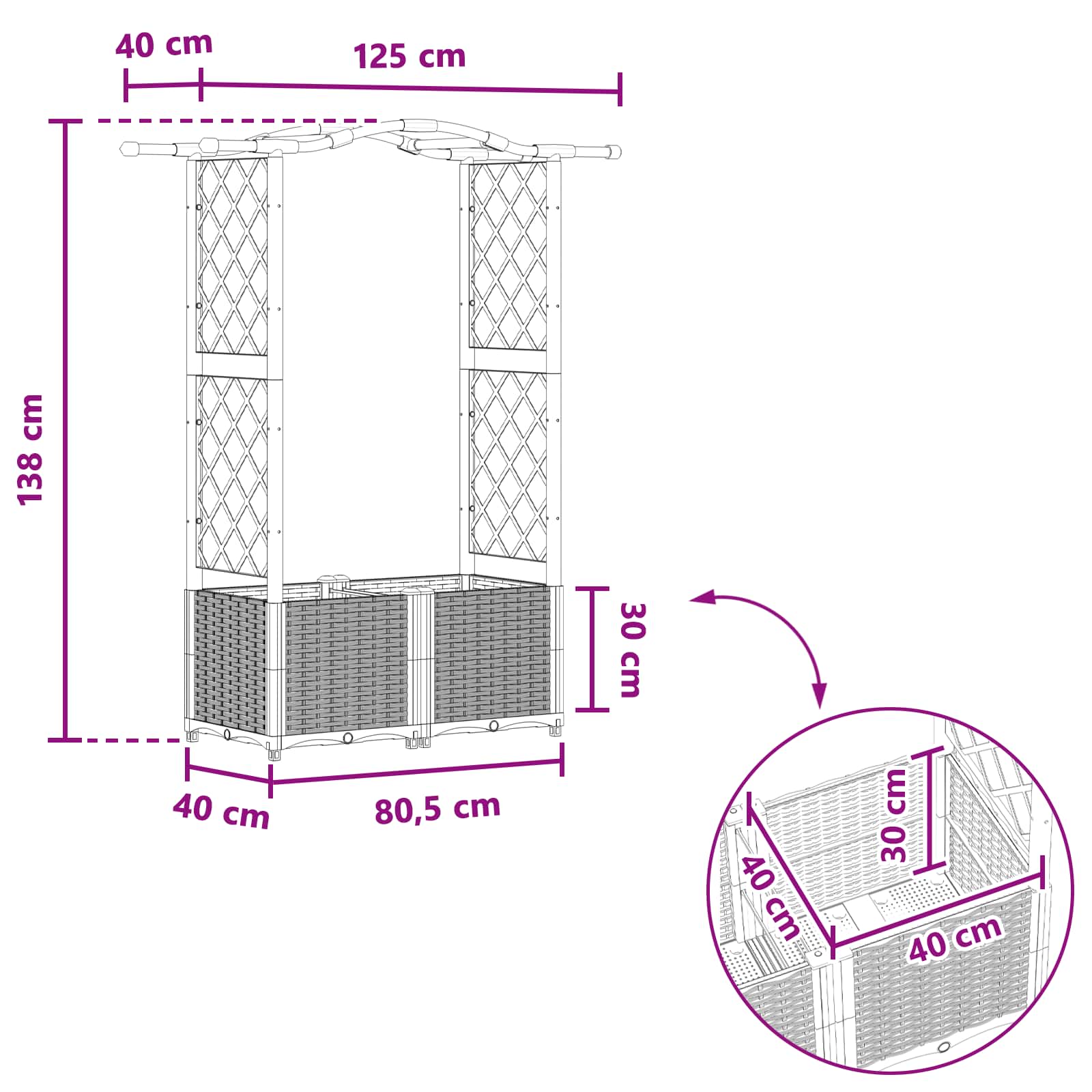 Verhoogd Bed met Trellis en Dak Grijs 125 x 40 x 138 cm PP image 8