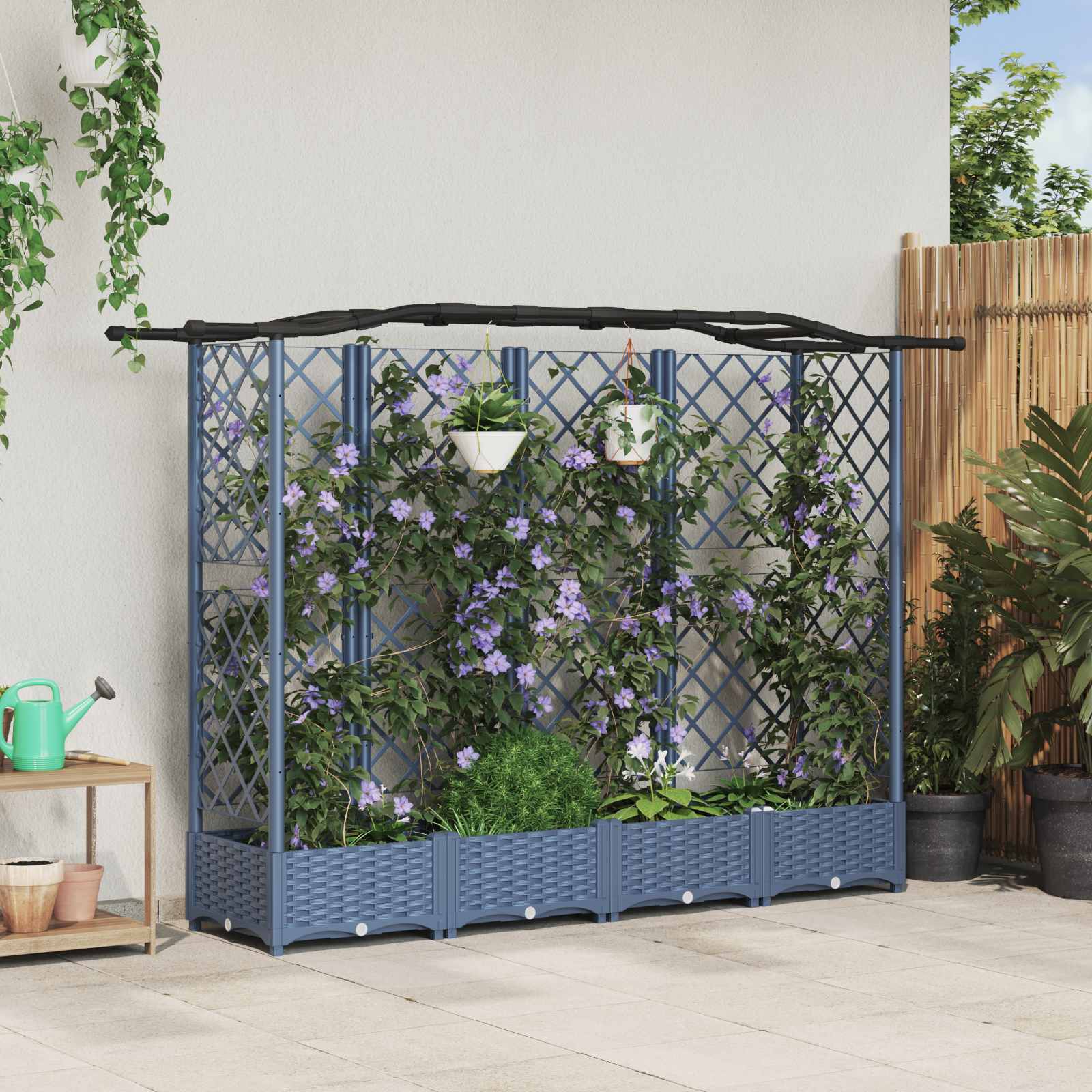 vidaXL Pat Ridicat cu Trellis și Acoperiș Gri 203,5 x 40 x 125 cm PP
