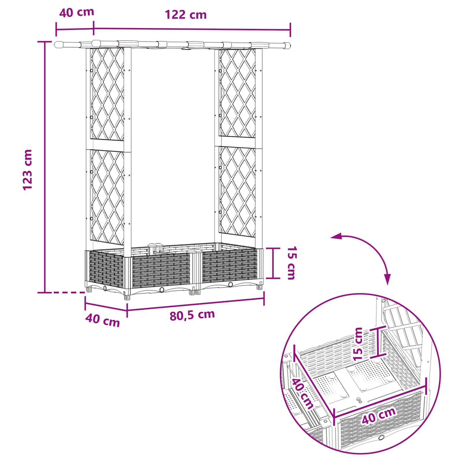 Verhoogd Bed met Trellis en Dak Grijs 122,5 x 40 x 123 cm PP image 8