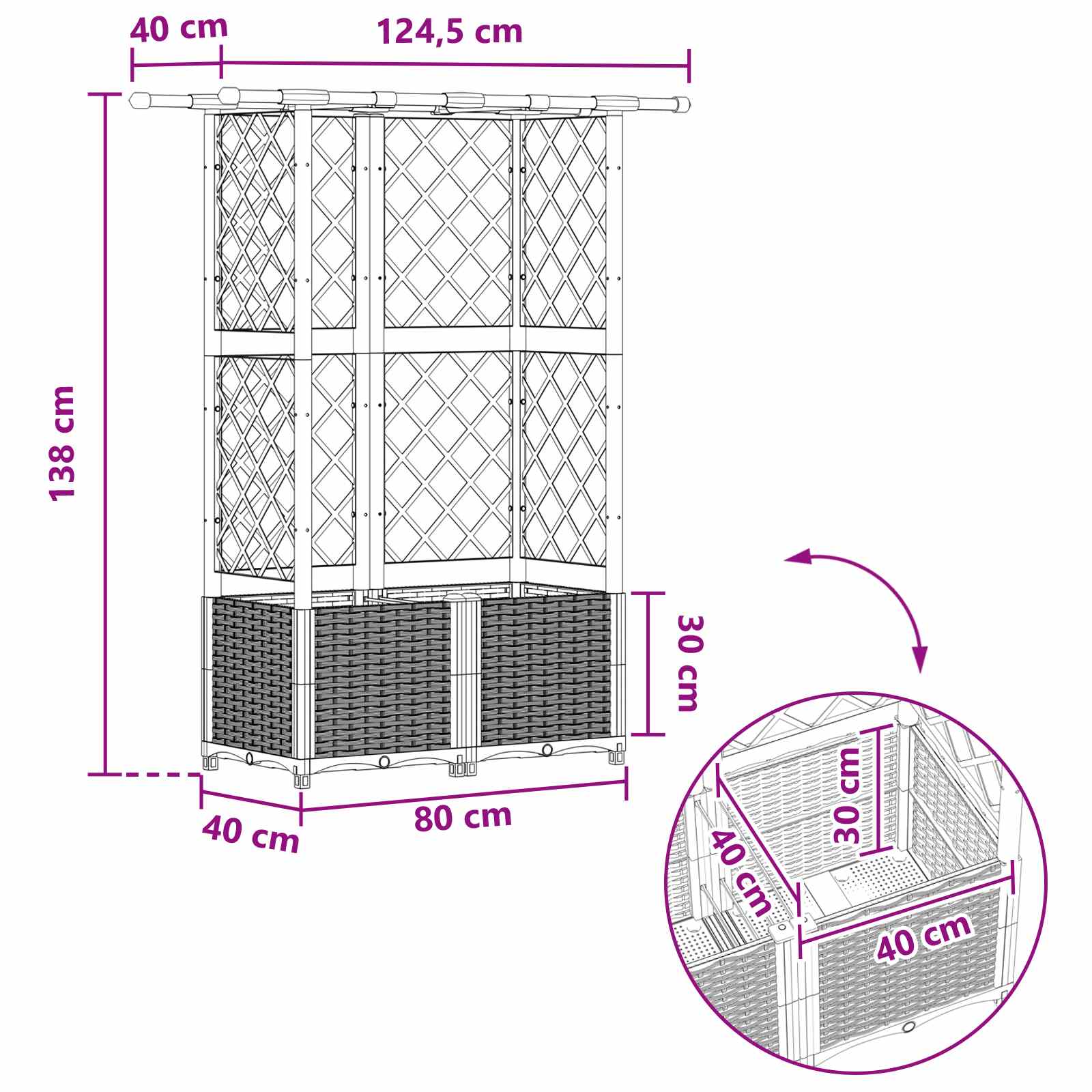 Verhoogd Bed met Trellis en Dak Grijs 124,5 x 40 x 138 cm PP image 8