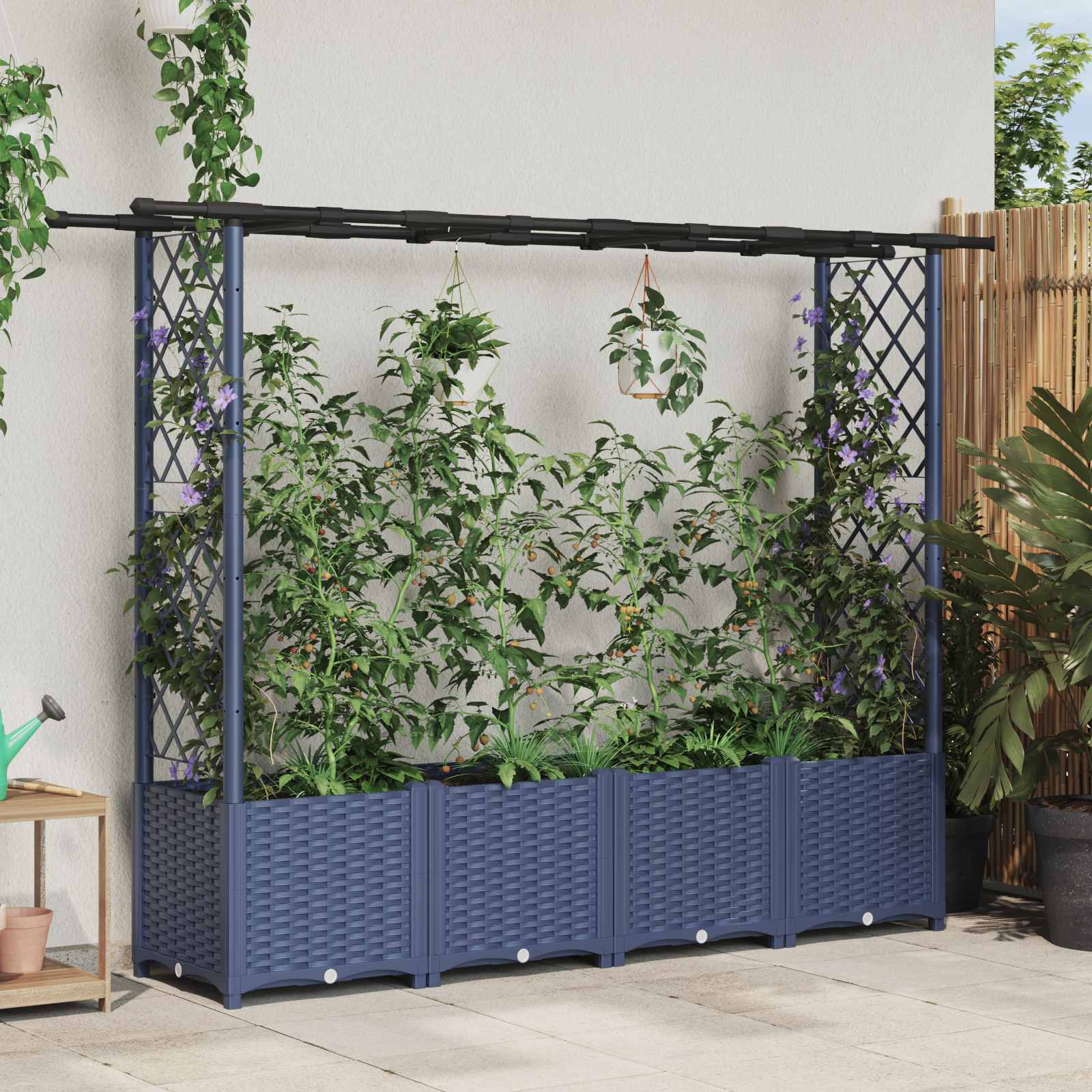 vidaXL Pat Ridicat cu Trellis și Acoperiș Gri 203 x 40 x 136 cm PP