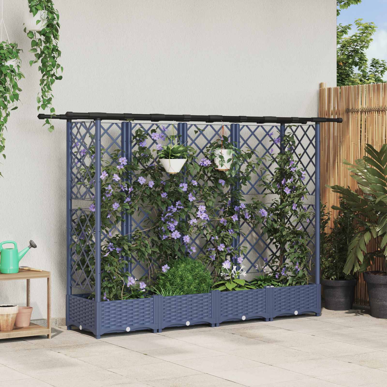 Verhoogd Bed met Trellis en Dak Grijs 202,5 x 40 x 123 cm PP image 1