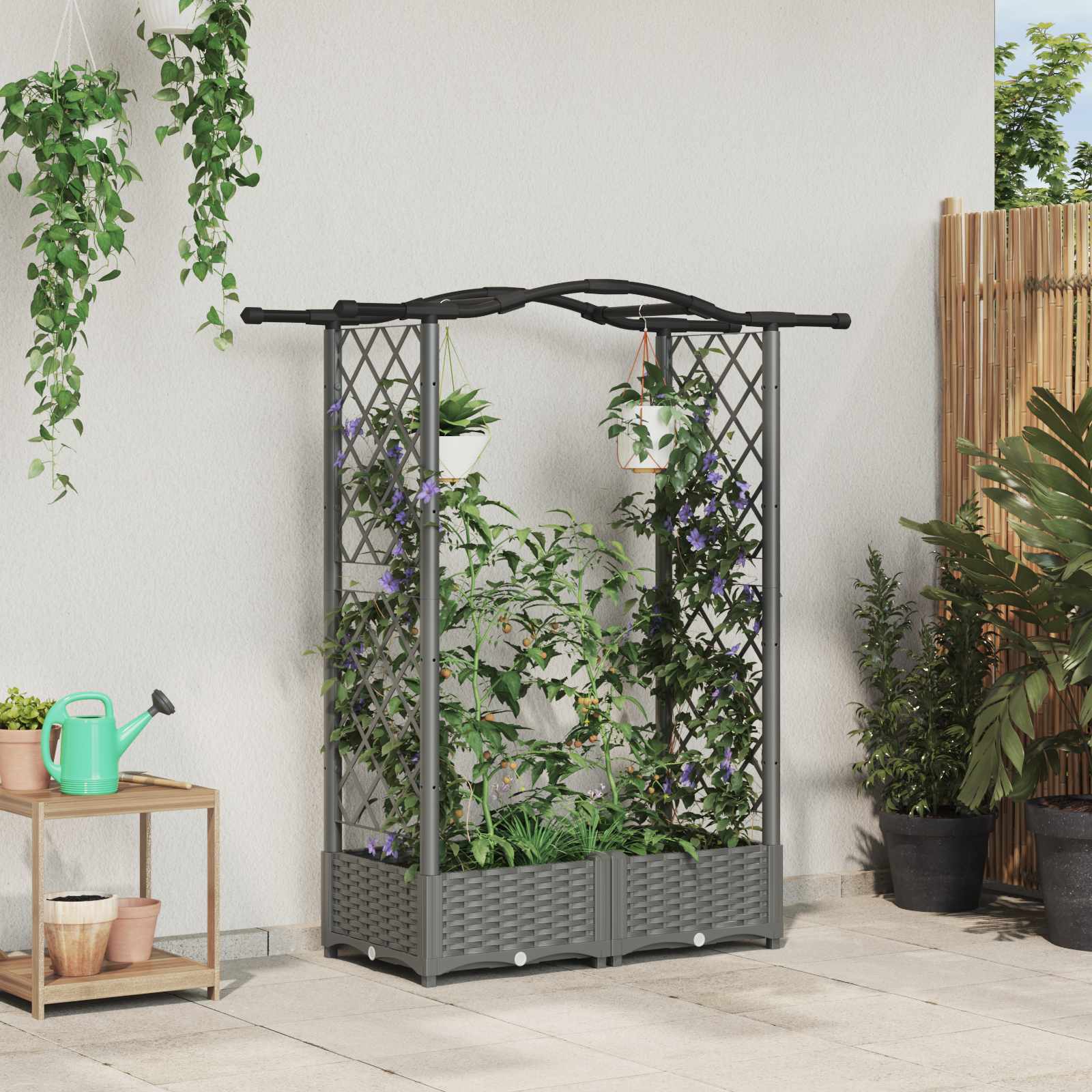 Verhoogd Bed met Trellis en Dak Lichtgrijs 124 x 40 x 125 cm PP image 1