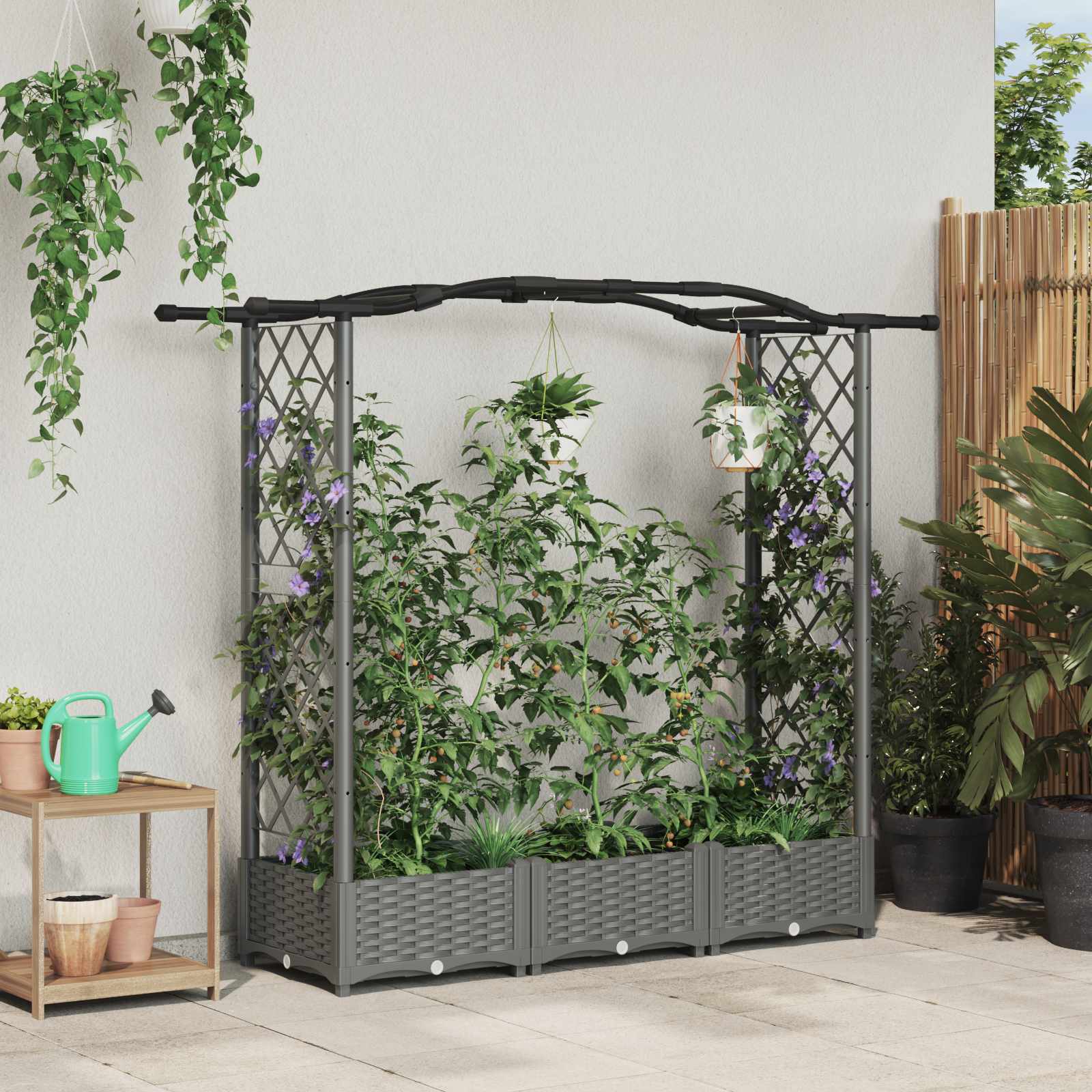 Verhoogd Bed met Trellis en Dak Lichtgrijs 169 x 40 x 125 cm PP image 1