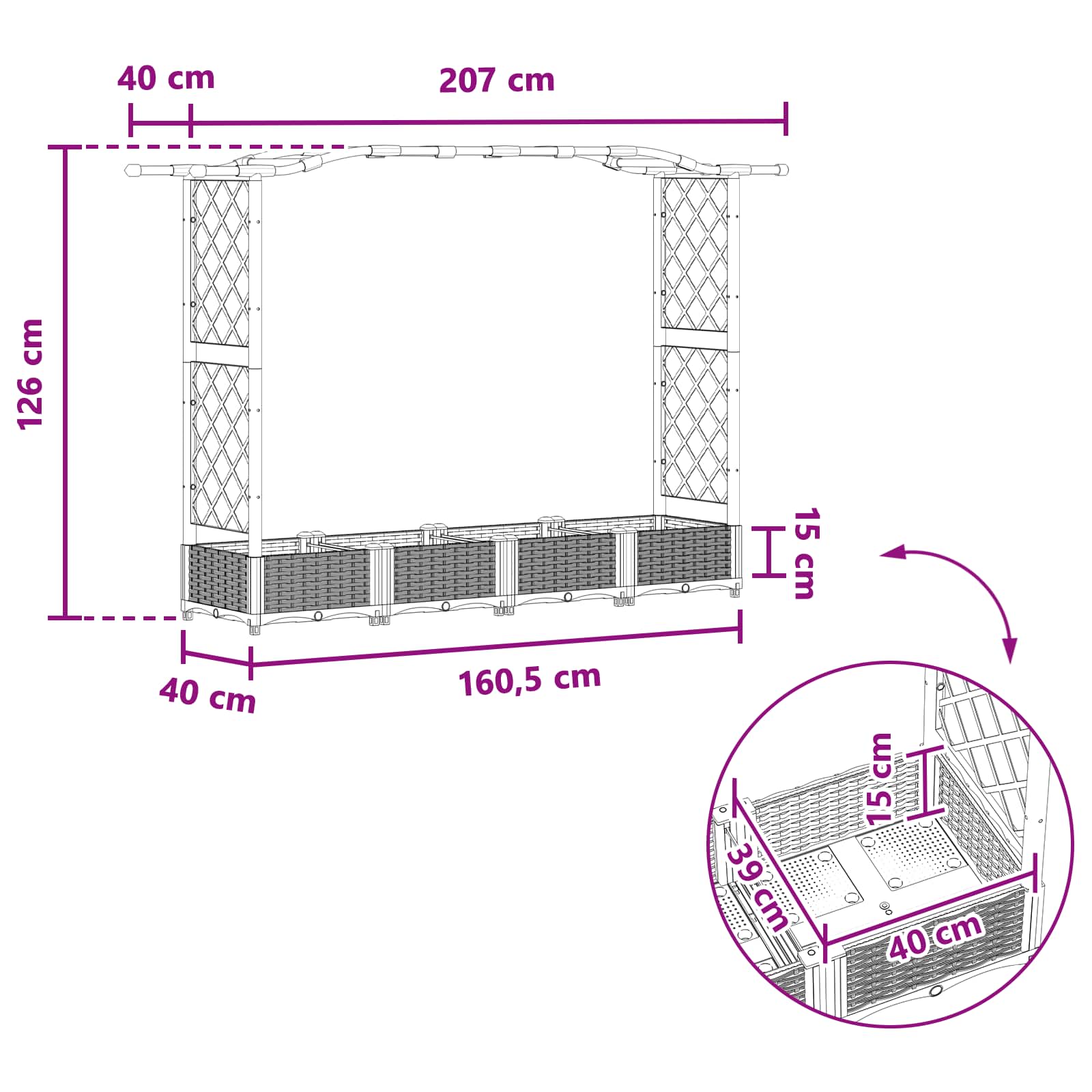 Verhoogd Bed met Trellis en Dak Lichtgrijs 207 x 40 x 126 cm PP image 8