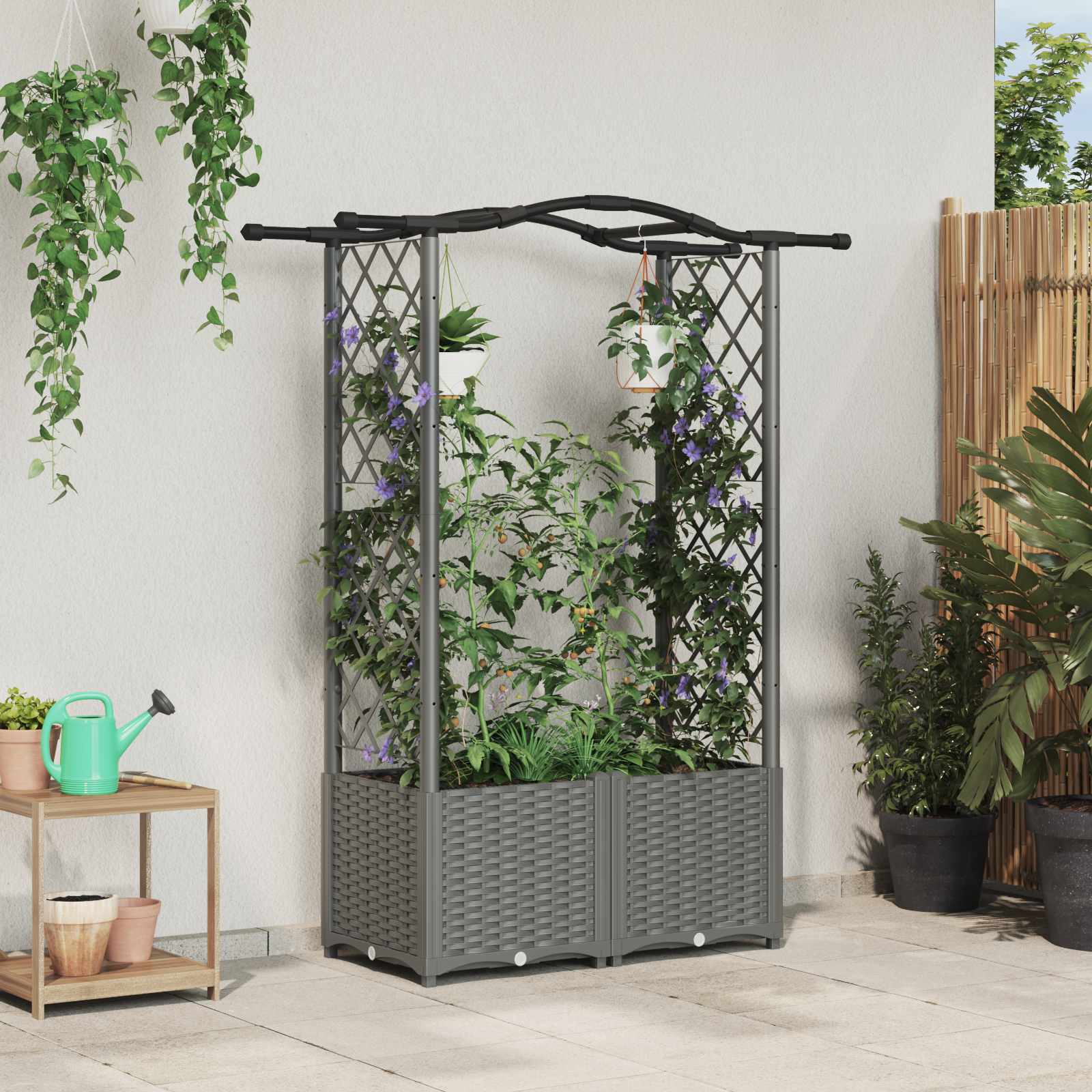 Verhoogd Bed met Trellis en Dak Lichtgrijs 125 x 40 x 138 cm PP image 1