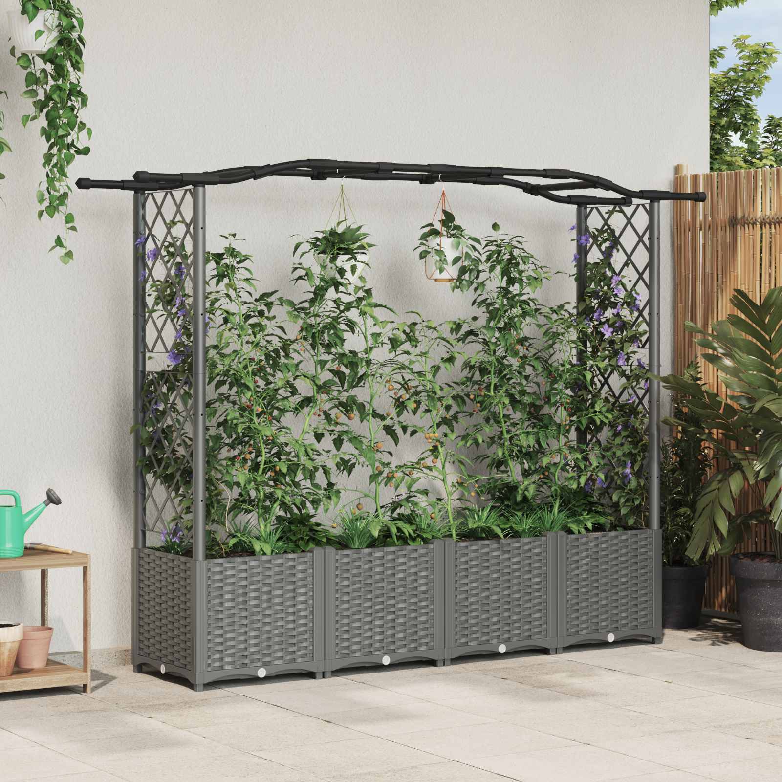 Verhoogd Bed met Trellis en Dak Lichtgrijs 204 x 40 x 141 cm PP image 1