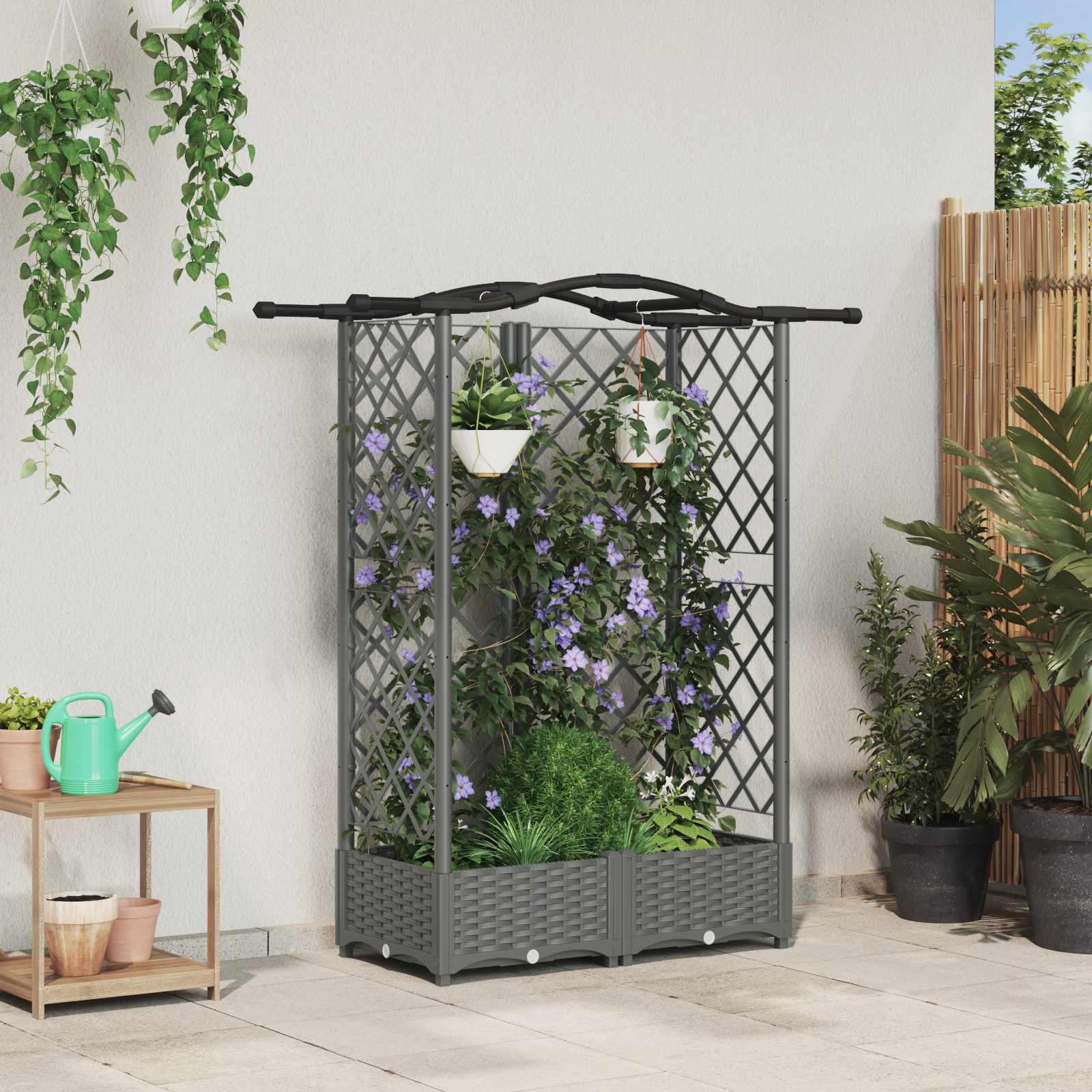 Verhoogd Bed met Trellis en Dak Lichtgrijs 124 x 40 x 123 cm PP image 1