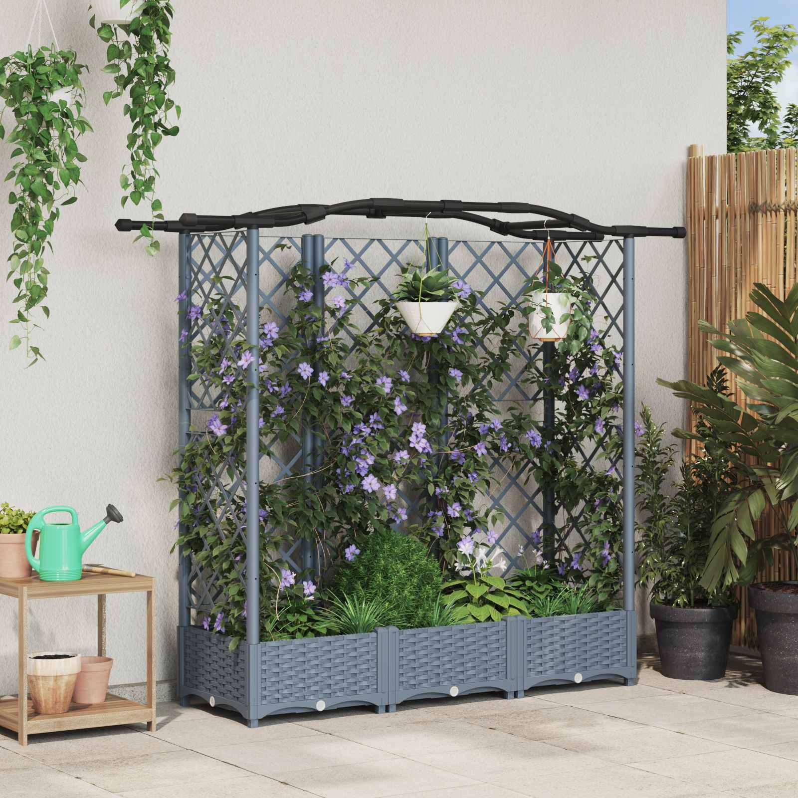 Verhoogd Bed met Trellis en Dak Lichtgrijs 163 x 40 x 126 cm PP image 1
