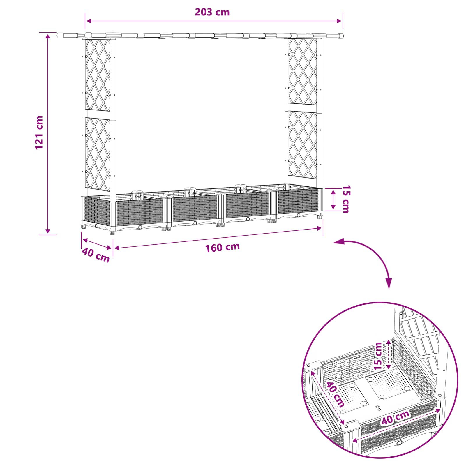 Verhoogd Bed met Trellis en Dak Lichtgrijs 203 x 40 x 121 cm PP image 8