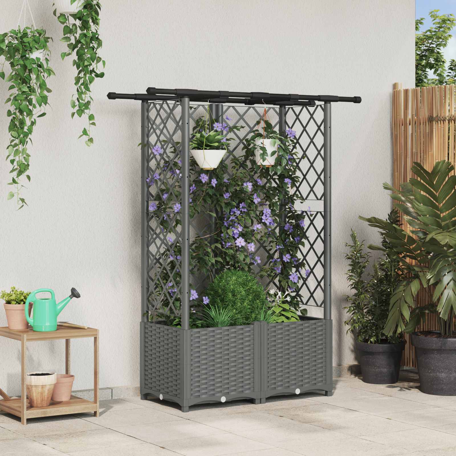 Verhoogd Bed met Trellis en Dak Lichtgrijs 124 x 40 x 136 cm PP image 1