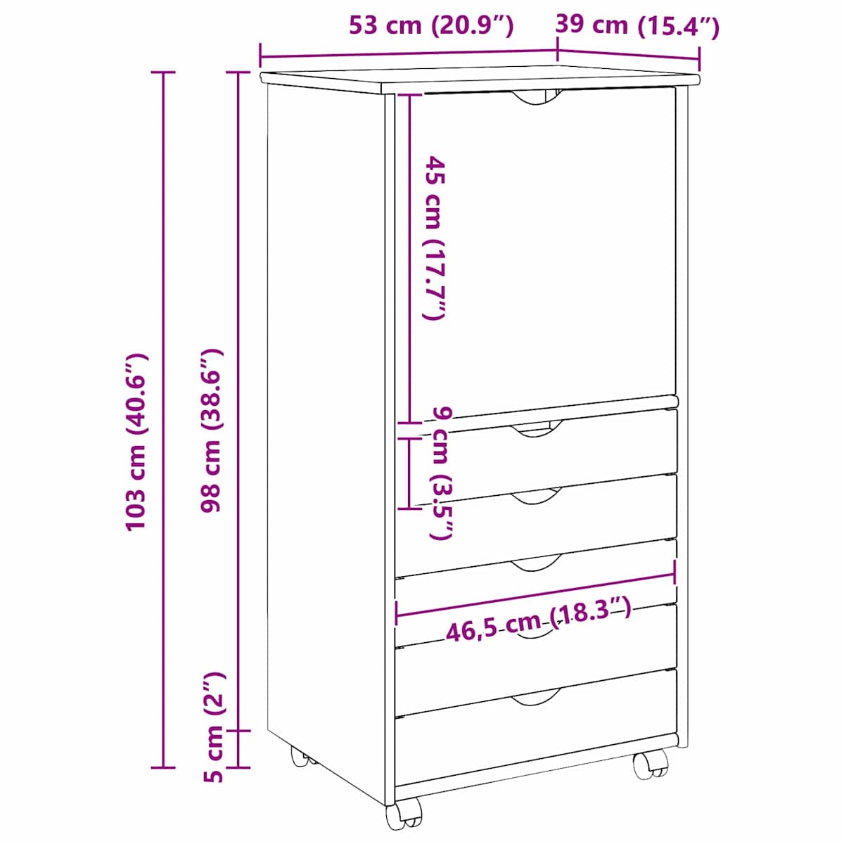 Rullende skab 53 x 39 x 103 cm Massivt fyrretræ - Billede 9