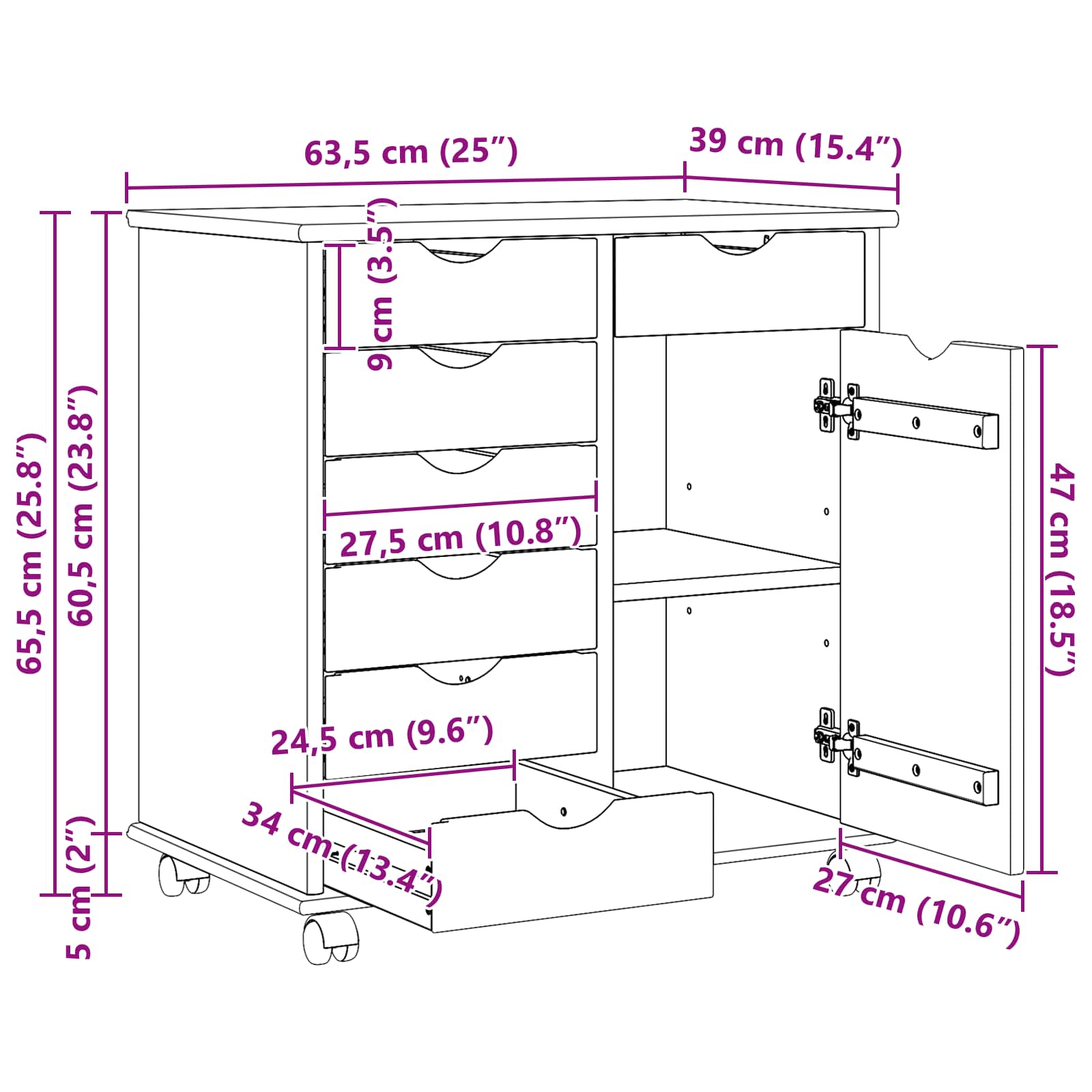 Rolling Kast Bruin 63,5 x 39 x 65,5 cm Massief Vurenhout image 10