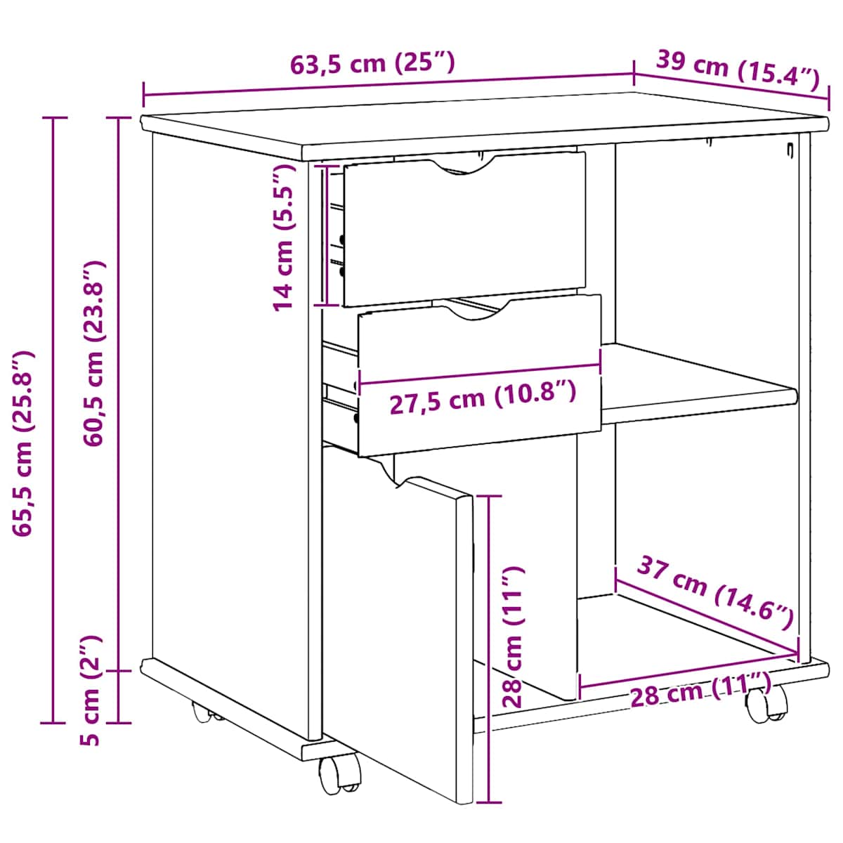 Rullende skab 63,5 x 39 x 65,5 cm Massivt fyrretræ - Billede 9