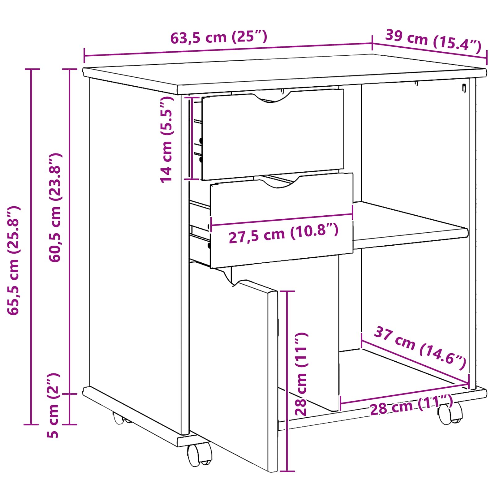 Rolling Kast Bruin 63,5 x 39 x 65,5 cm Massief Vurenhout image 9