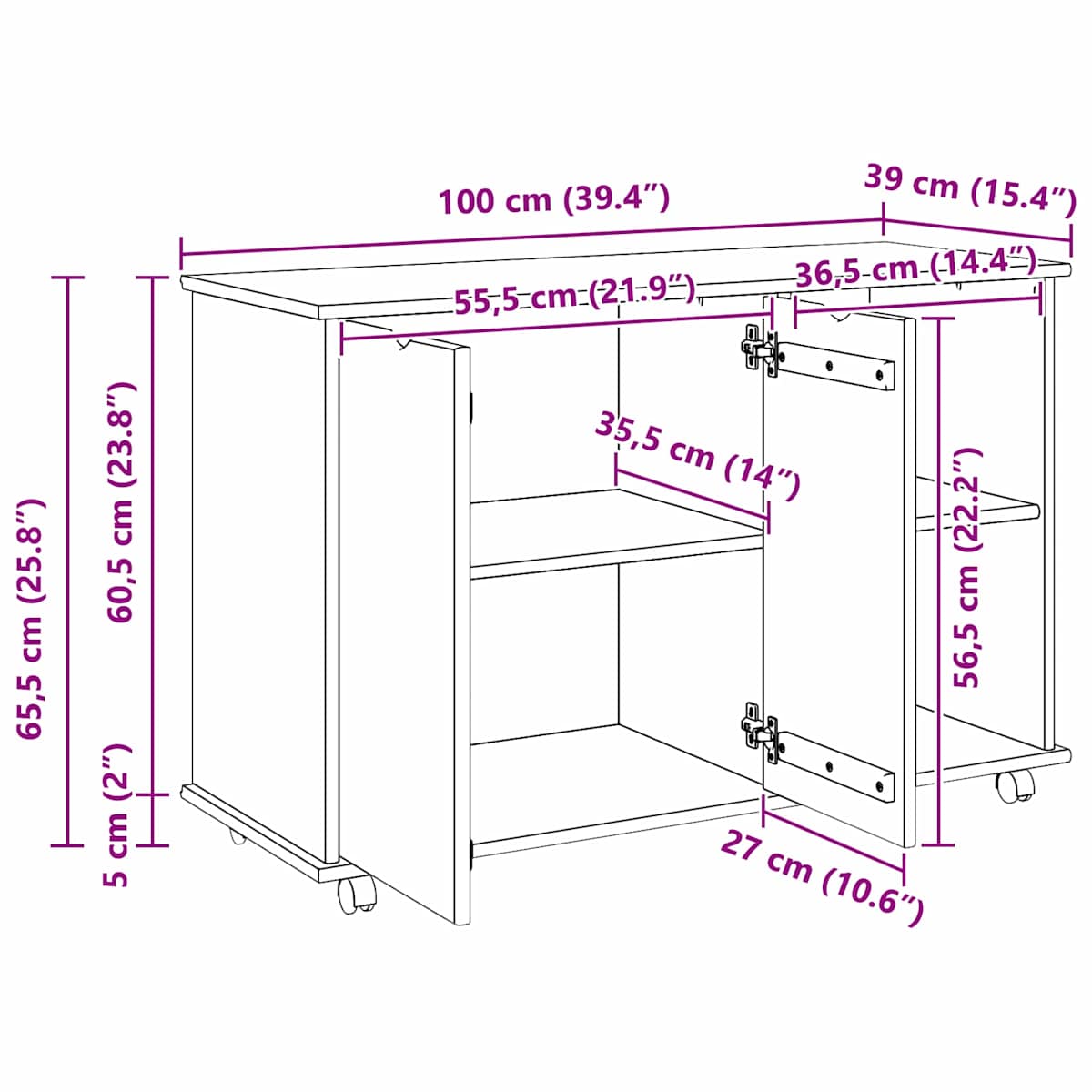 Rullende skab med hjul 100 x 39 x 65,5 cm Massivt fyrretræ - Billede 9