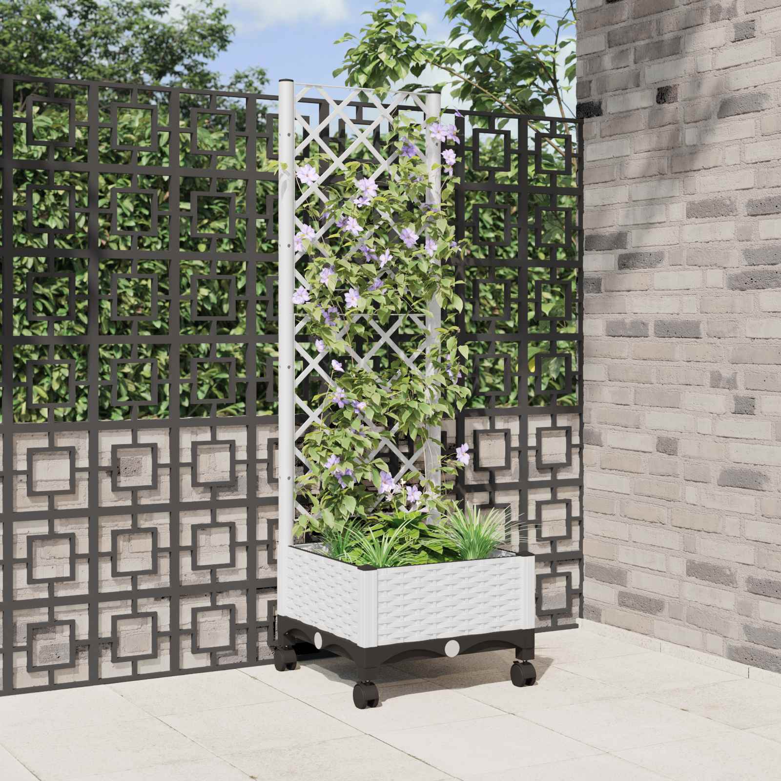 vidaXL Vază de gradină cu spalier și roți Alb 40 x 40 x 131,5 cm PP