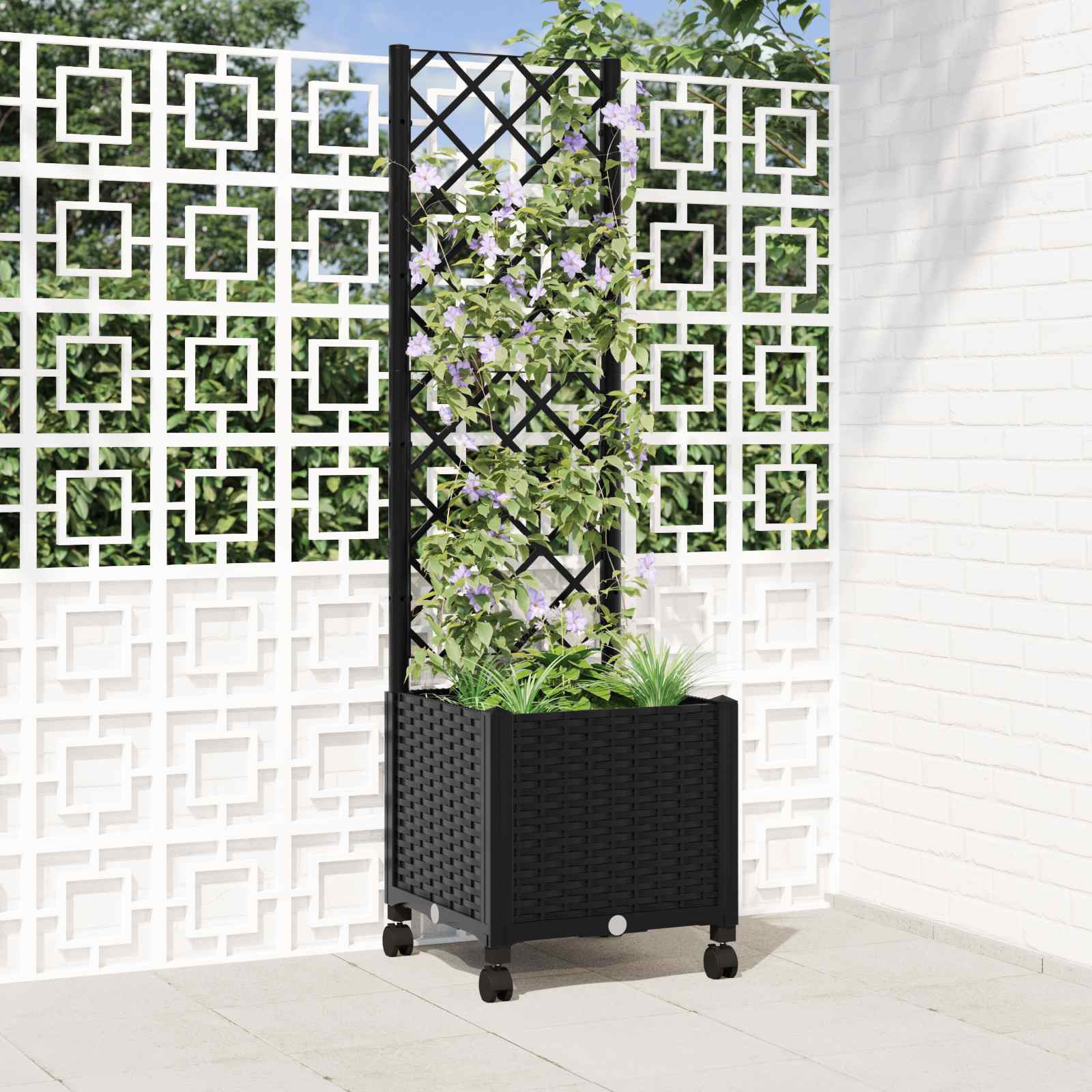 vidaXL Vază de gradină cu spalier și roți Negru 40 x 40 x 146 cm PP