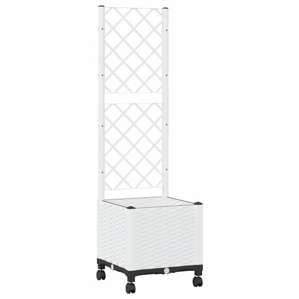 vidaXL Aia istutuskast trellise ja ratastega Valge 40 x 40 x 146 cm PP
