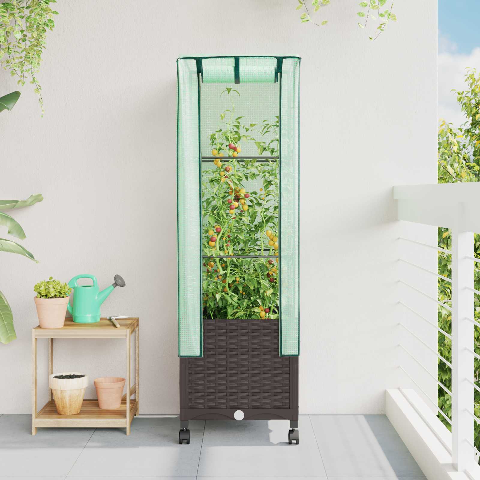 Tuinplantenbak met Kasbedekking en Wielen Bruin PP image 1