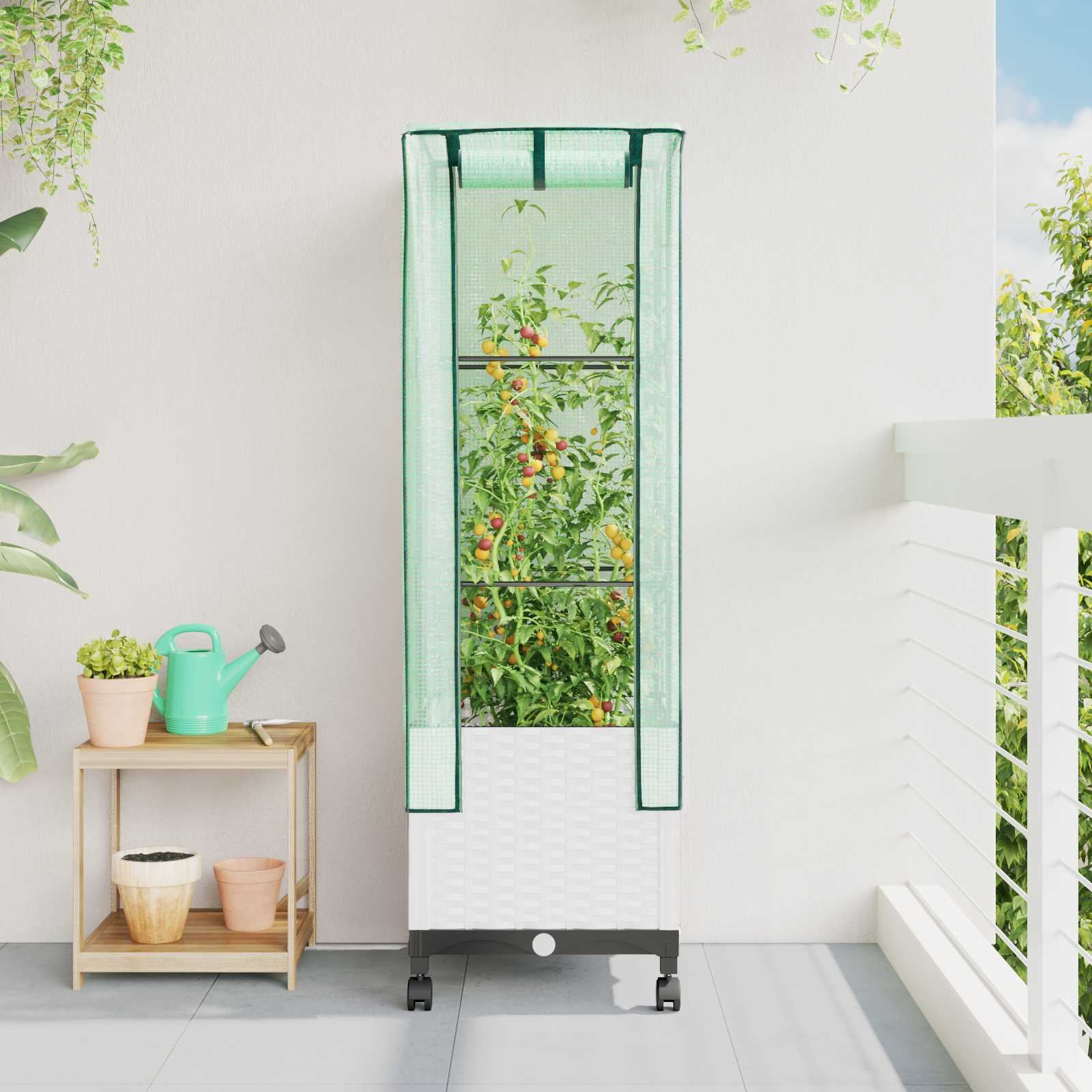 Tuinplantenbak met Kasbedekking en Wielen Wit 40 x 40 x 145 cm image 1