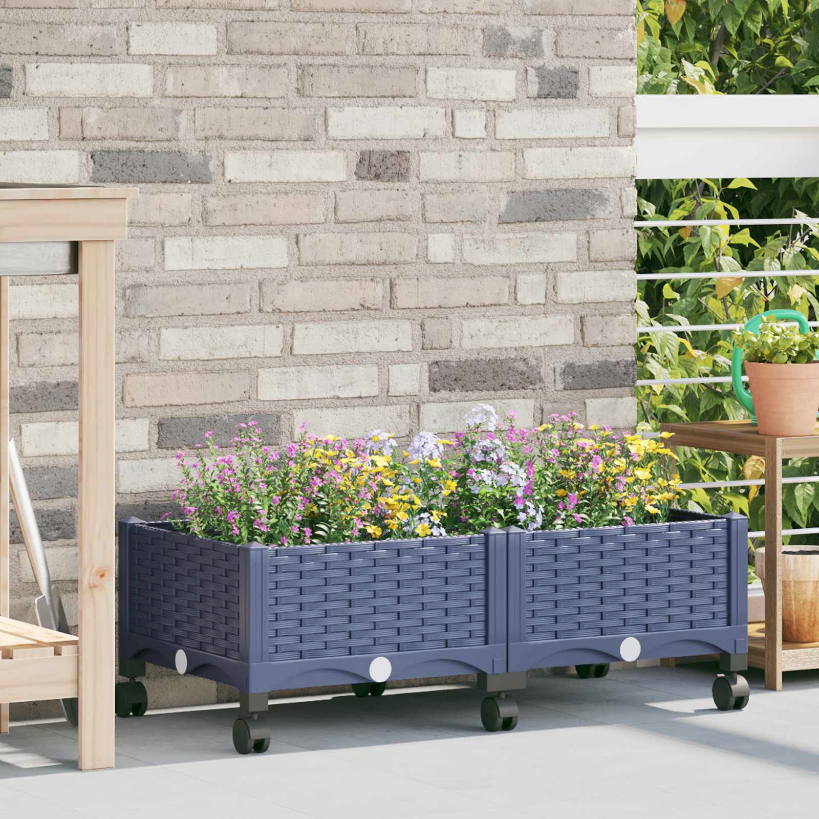 vidaXL Ghiveci de grădină cu roți Gri Albastru 80 x 40 x 33 cm PP